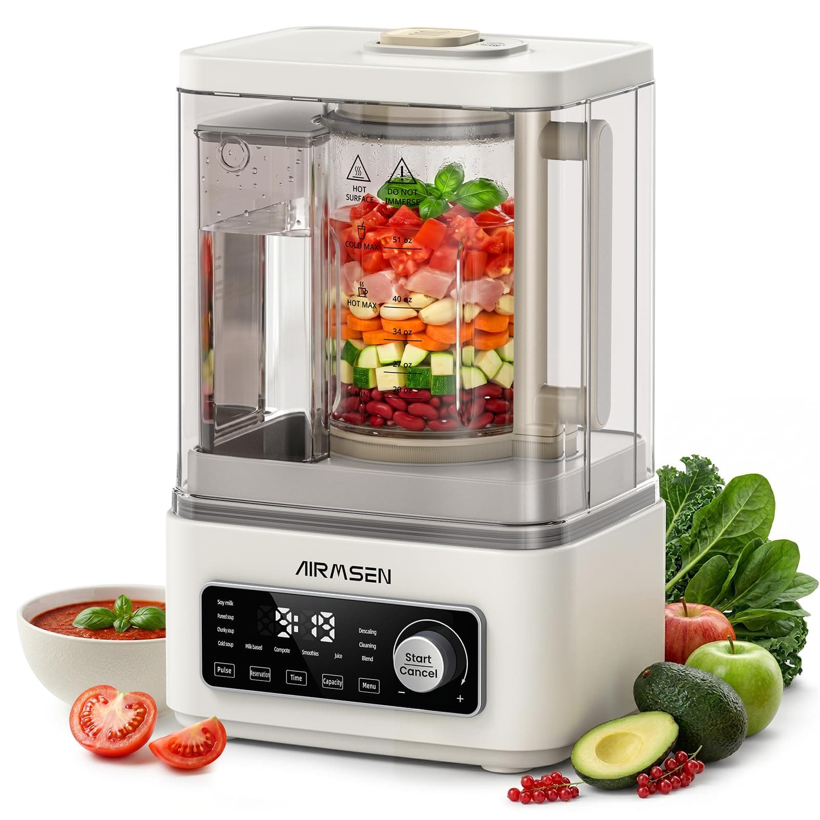 AIRMSEN 11-in-1 Steam Heating Glass Blender for Kitchen, 1200W Professional Countertop Blender with 68oz Removable Water Tank for Smoothies, Milkshakes, Juices, Soups and Sauces, Easy to Clean, White
