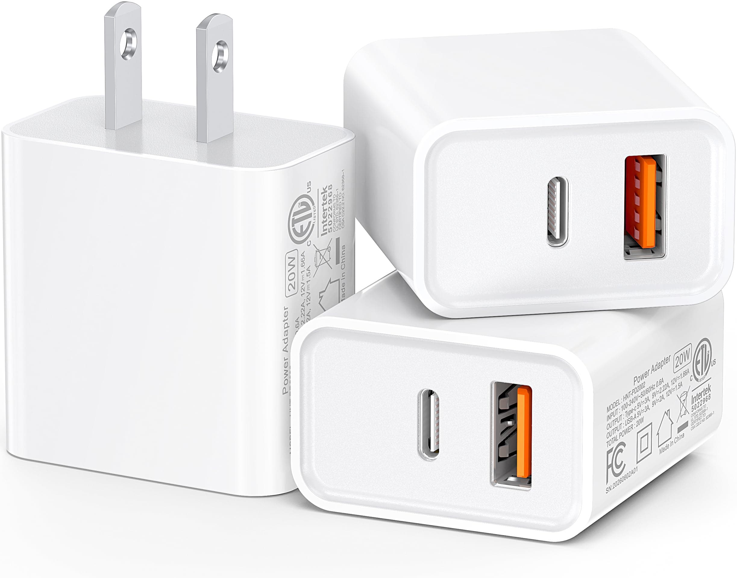 3-Pack USB C Wall Charger, 20W Durable Dual Port QC+PD 3.0 Power Adapter, ETL Certified Type C Fast Charging Block for iPhone 14/15/16/17 Pro/Pro Max/Plus/iPad Pro, Samsung and More, White