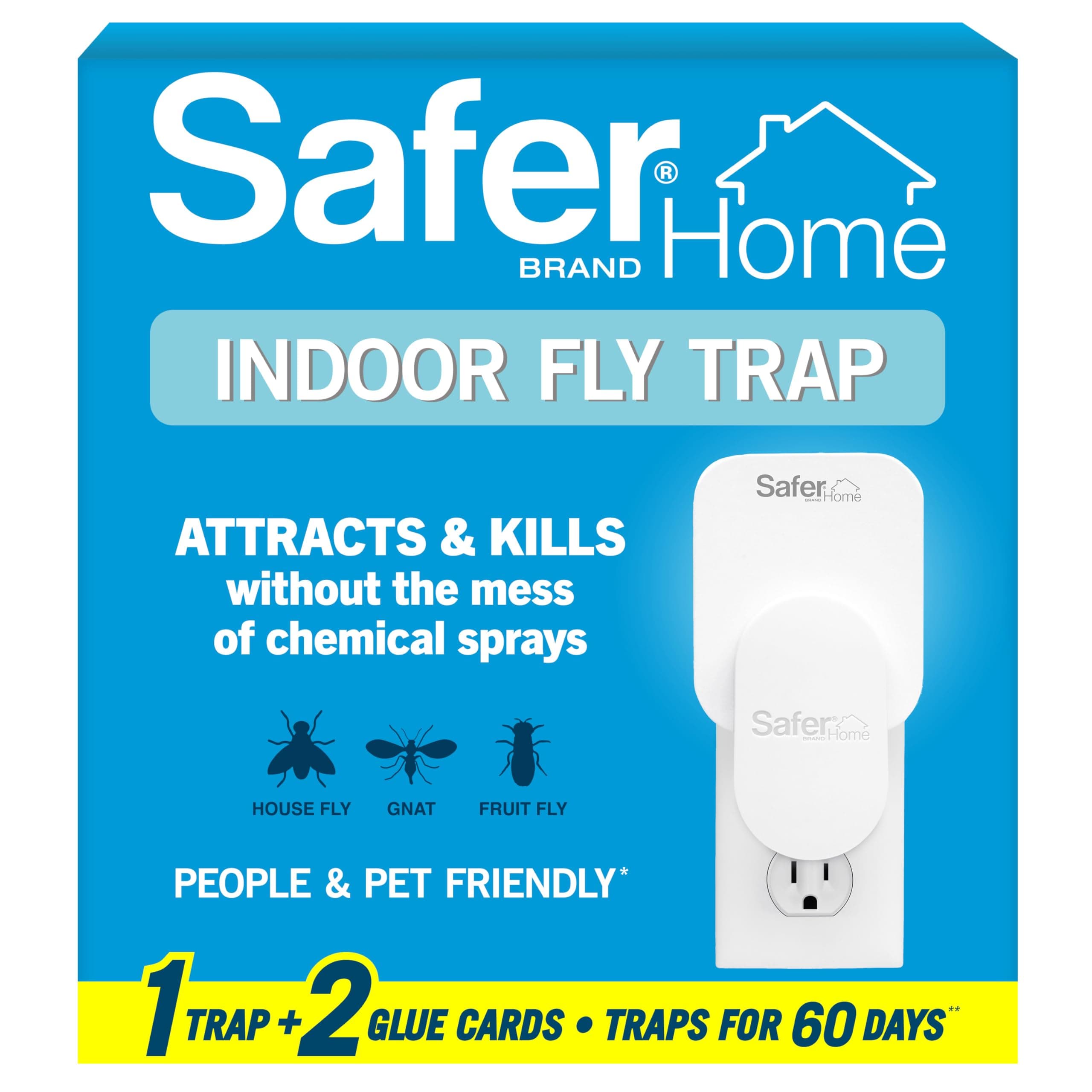 Safer Home Flying Insect Trap, Plug-In Fruit Fly Trap for Indoors, 1-Pack | Flying Insect, Moth, & Gnat Trap, Fruit Fly Killer, Fly Catcher, 24/7 Catch, Chemical-Free, 1 Trap + 2 Glue Cards, SH502