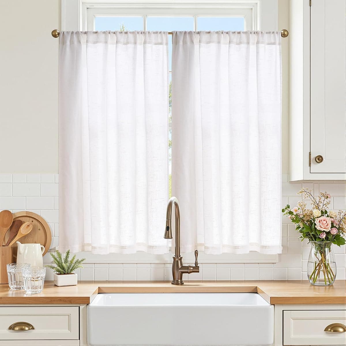 jinchan Kitchen Curtains Linen Tier Curtains 45 Inch Farmhouse Cafe Drapes for Small Window Flax Country Rustic Rod Pocket Bathroom Laundry Room RV Light Filtering 2 Panels White