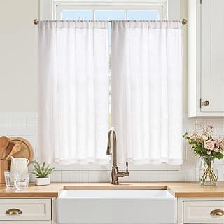 jinchan Kitchen Curtains Linen Tier Curtains 45 Inch Farmhouse Cafe Drapes for Small Window Flax Country Rustic Rod Pocket Bathroom Laundry Room RV Light Filtering 2 Panels White