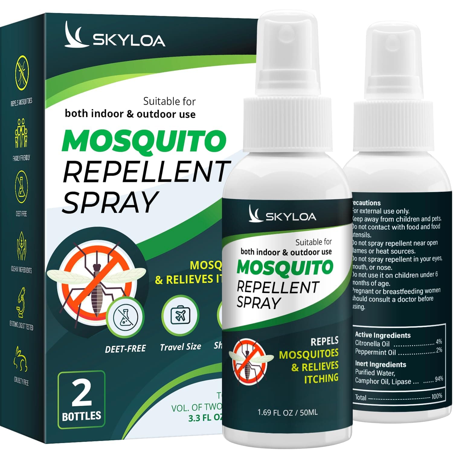 Mosquito Repellent Spray: Travel Size Mosquito Repellent Spray for Body - DEET-Free - Plant-Based Mosquito Spray Outdoor Indoor Use for Camping Travel Backyard - Against Mosquitoes - 2 Count