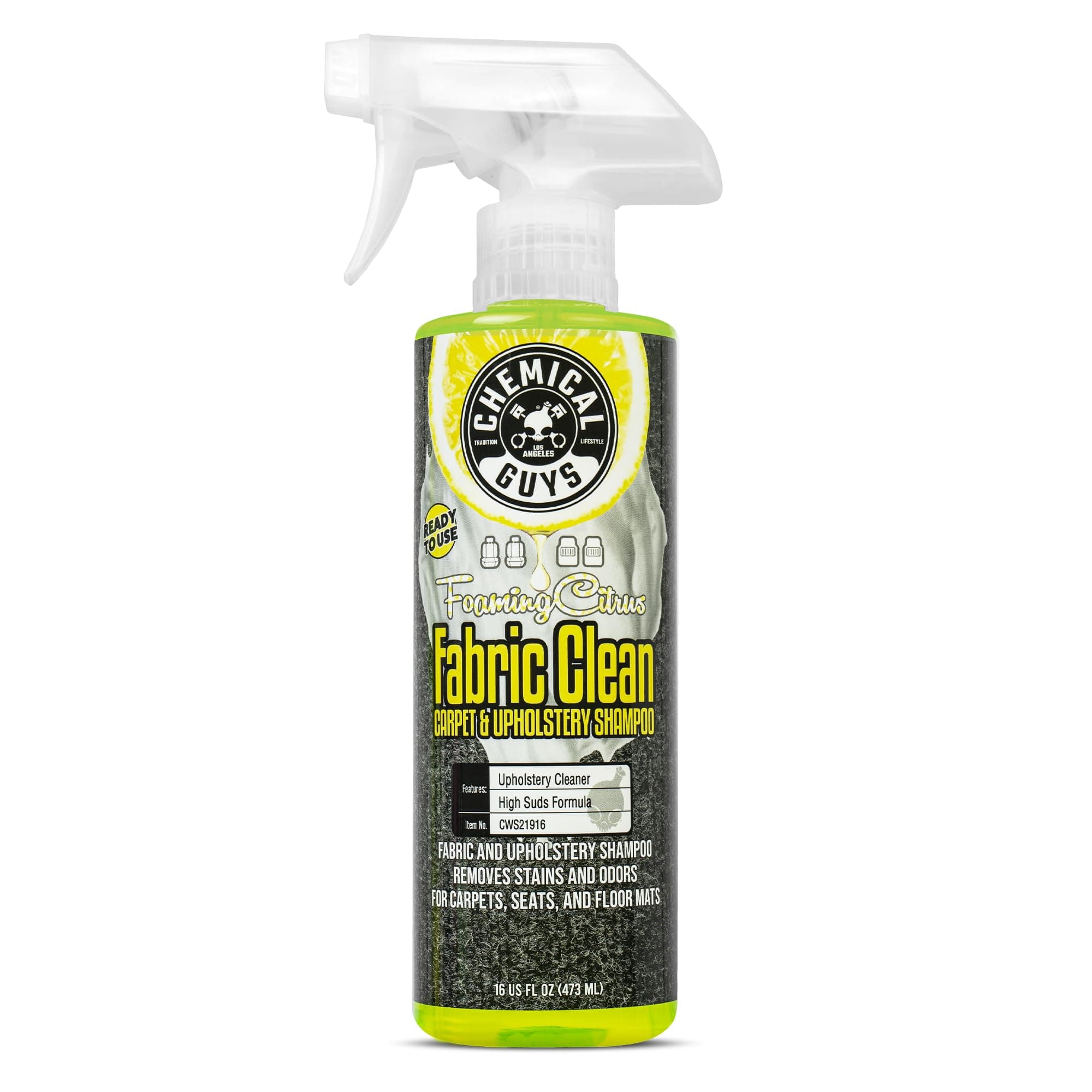 Chemical Guys Foaming Citrus Fabric Clean Carpet & Upholstery Cleaner - Car Carpet Cleaner Spray for Seats and Floor Mats, Removes Stains &Odors, Safe for Cars, Home and Office, 16 oz Citrus Scent