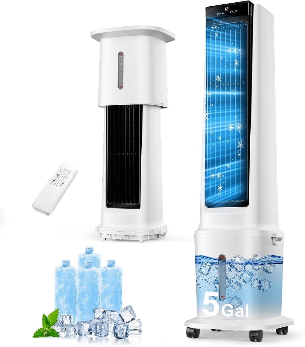 MEPTY 46"Cooling Fans that Blow Cold air,3-IN-1 Windowless Portable Air Conditioners,Swamp Cooler,12H Timer,4 Modes & 3 Speeds,Evaporative Air Cooler with Removable 5Gal Water Tank for Bedroom Indoor
