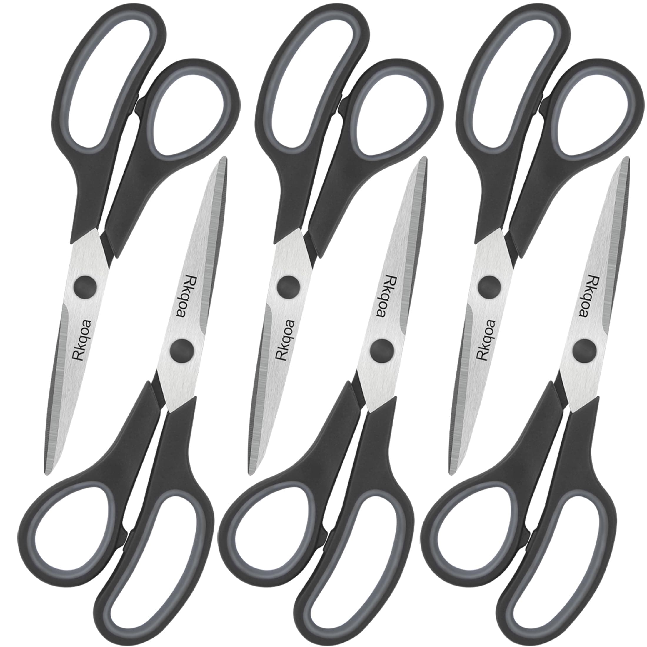 Black 6 Scissors Pack, Rkqoa 8" All Purpose Scissor - High Performance and Designed for Everyday use, Stainless Steel Shears Set with Comfort-Grip, Right/Left Handed