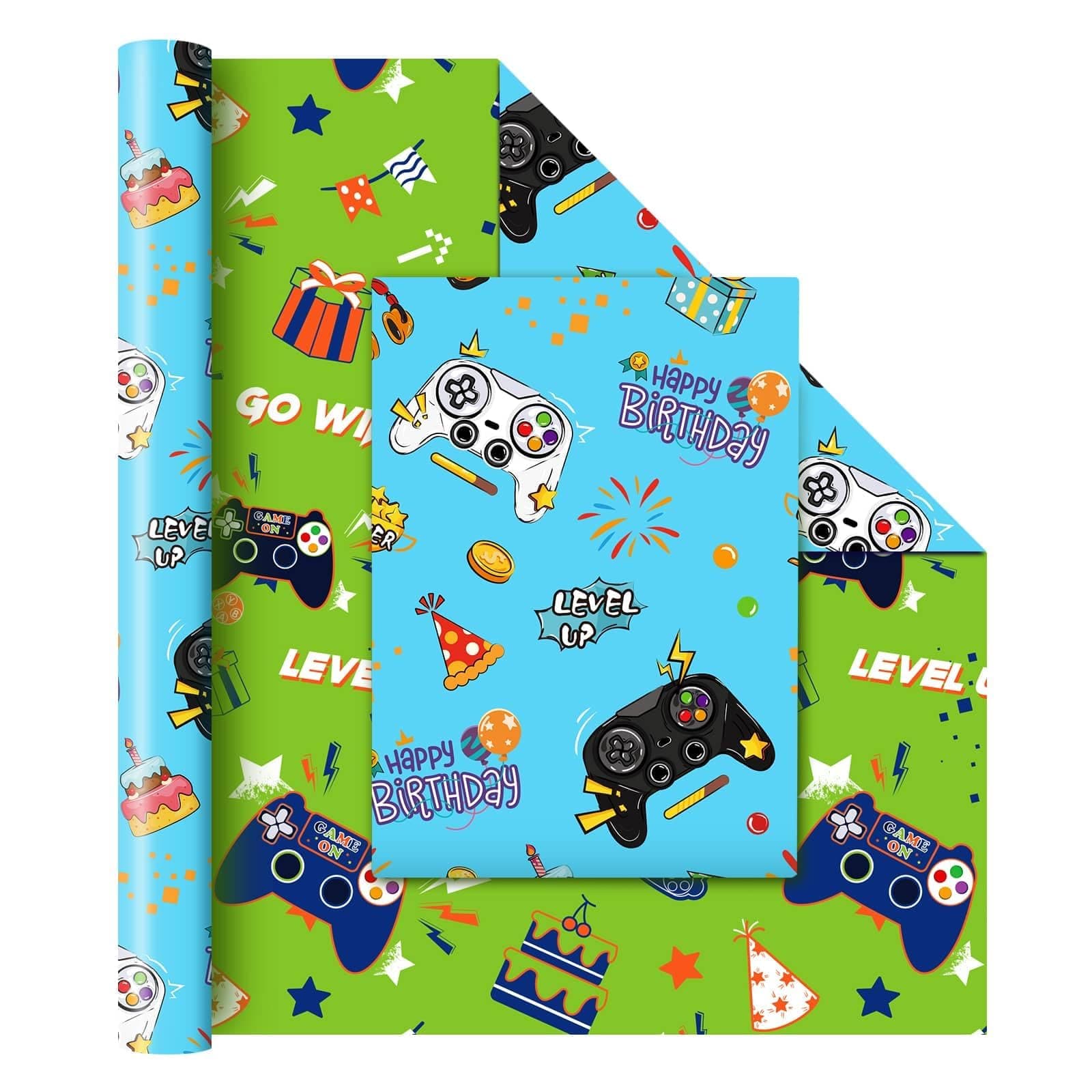 WERNNSAI Gamer Gift Wrapping Paper Roll - 1 Roll 17” x 33 ft Video Gaming Wrapping Paper Boy Birthday Wrapping Paper Green Wrap Supply for Kids Birthday Game Party Decor, Reversible