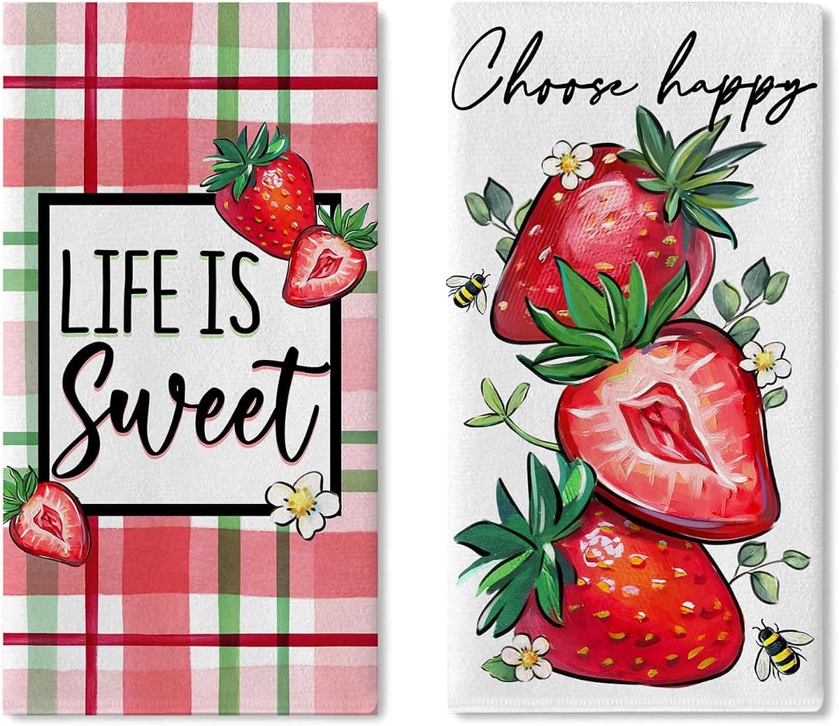 Spring Summer Strawberry Kitchen Dish Towels Set of 2, Life is Sweet Red Fruit Bee Drying Hand Towels Baking Cooking Cloth, Choose Happy Plaid Farmhouse Home Kitchen Decoration 18 x 26 Inch