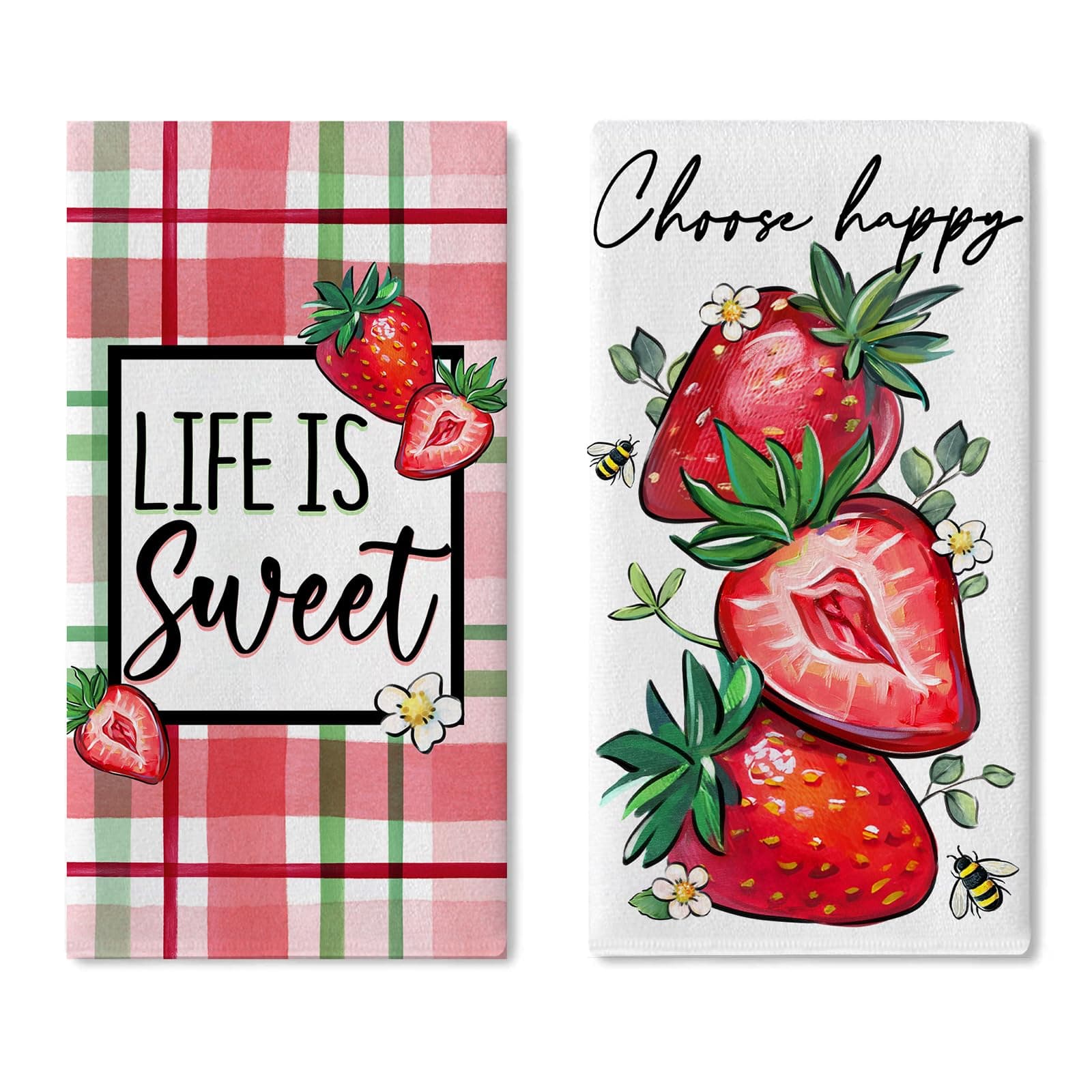 Spring Summer Strawberry Kitchen Dish Towels Set of 2, Life is Sweet Red Fruit Bee Drying Hand Towels Baking Cooking Cloth, Choose Happy Plaid Farmhouse Home Kitchen Decoration 18 x 26 Inch