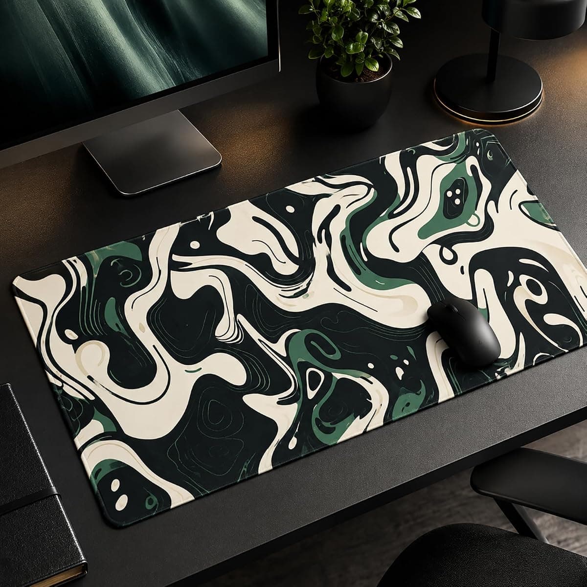 XXL Gaming Mouse Pad, Extended Desk Pad 31.5" x 15.7", Large Keyboard Mouse Mat, Abstract Topographic Green White Design, Waterproof Non Slip Rubber Base for PC Laptop Office Gaming