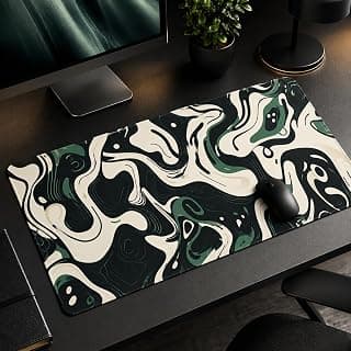 XXL Gaming Mouse Pad, Extended Desk Pad 31.5" x 15.7", Large Keyboard Mouse Mat, Abstract Topographic Green White Design, Waterproof Non Slip Rubber Base for PC Laptop Office Gaming