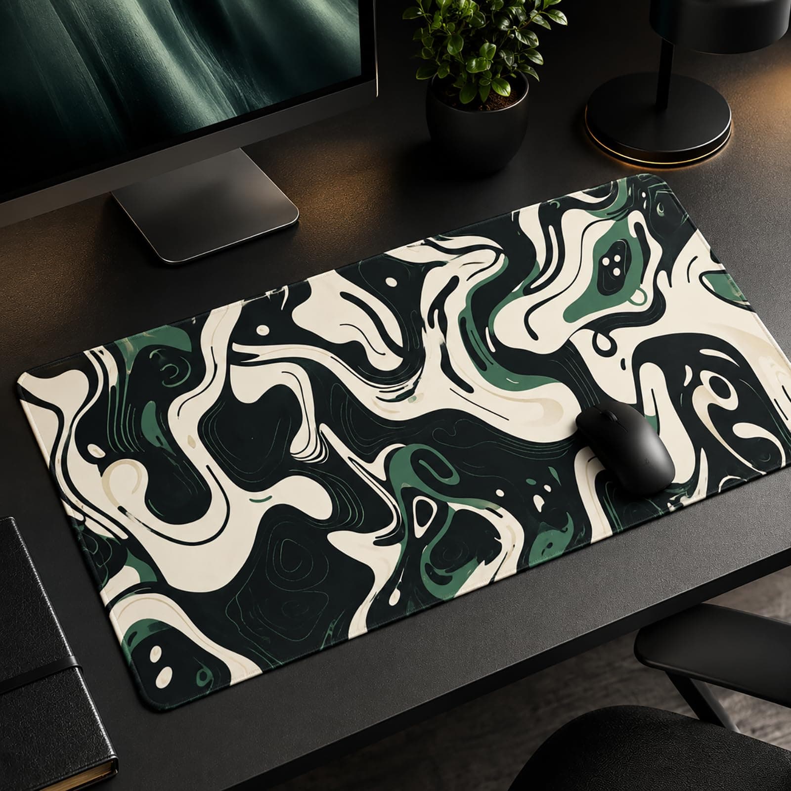 XXL Gaming Mouse Pad, Extended Desk Pad 31.5" x 15.7", Large Keyboard Mouse Mat, Abstract Topographic Green White Design, Waterproof Non Slip Rubber Base for PC Laptop Office Gaming