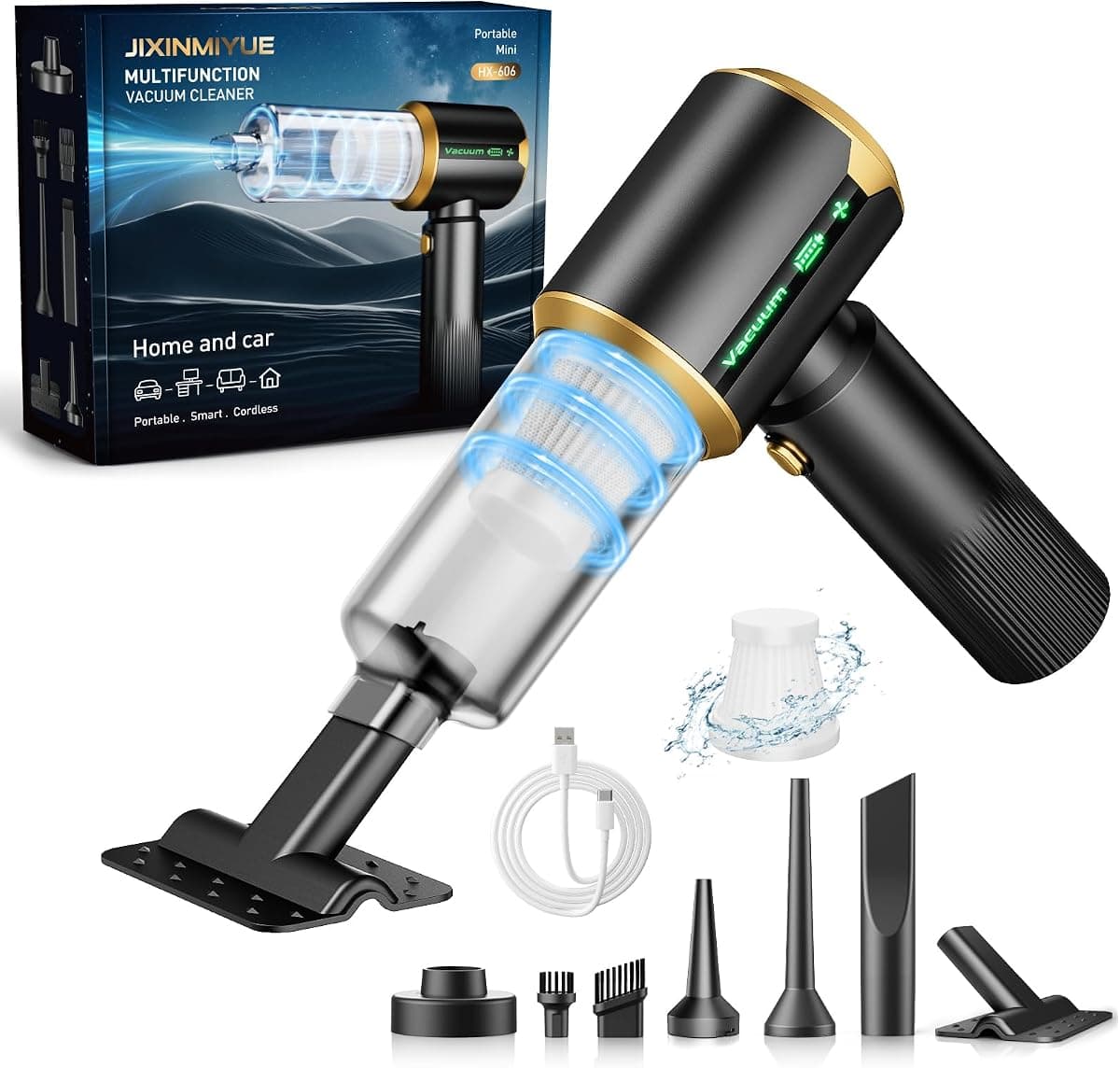 Cordless Car Vacuum Cleaner: Handheld Vacuum with 𝟏𝟔𝟎𝟎𝟎𝐏𝐚 Strong Suction, 𝐁𝐫𝐮𝐬𝐡𝐥𝐞𝐬𝐬 𝐌𝐨𝐭𝐨𝐫 & HEPA Filter, 𝟕-𝐢𝐧-𝟏 Cleaning Kit, Type-C Charging for Home Office Car - Black