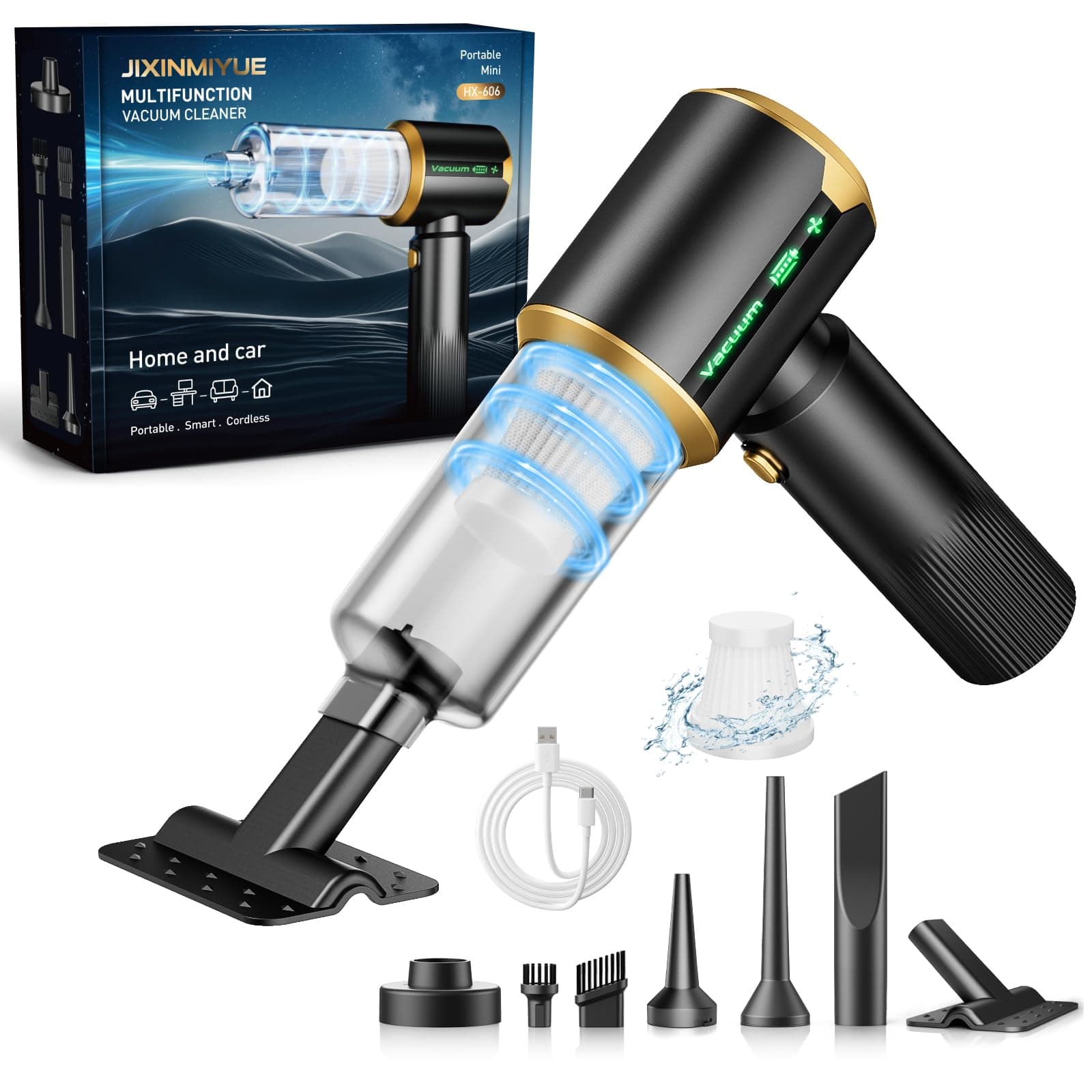 Cordless Car Vacuum Cleaner: Handheld Vacuum with 𝟏𝟔𝟎𝟎𝟎𝐏𝐚 Strong Suction, 𝐁𝐫𝐮𝐬𝐡𝐥𝐞𝐬𝐬 𝐌𝐨𝐭𝐨𝐫 & HEPA Filter, 𝟕-𝐢𝐧-𝟏 Cleaning Kit, Type-C Charging for Home Office Car - Black