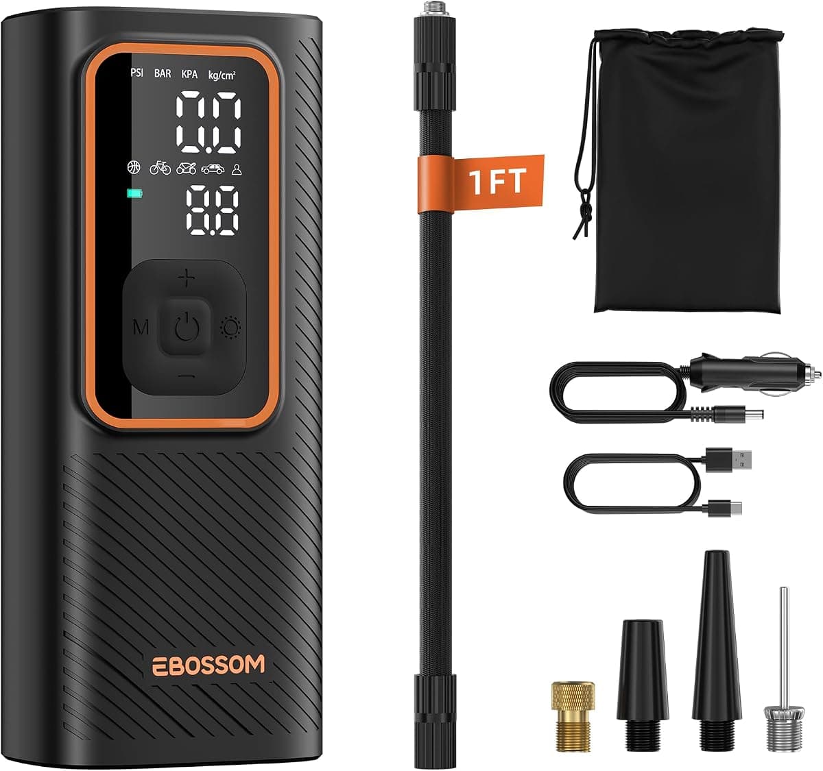 EBOSSOM Tire Inflator Portable Air Compressor, Car Air Pump with Pressure Gauge, 150 PSI Cordless Tire Inflator Rechargeable with Display & LED for Car, Motocycle, Bikes, Balls, Swim Ring