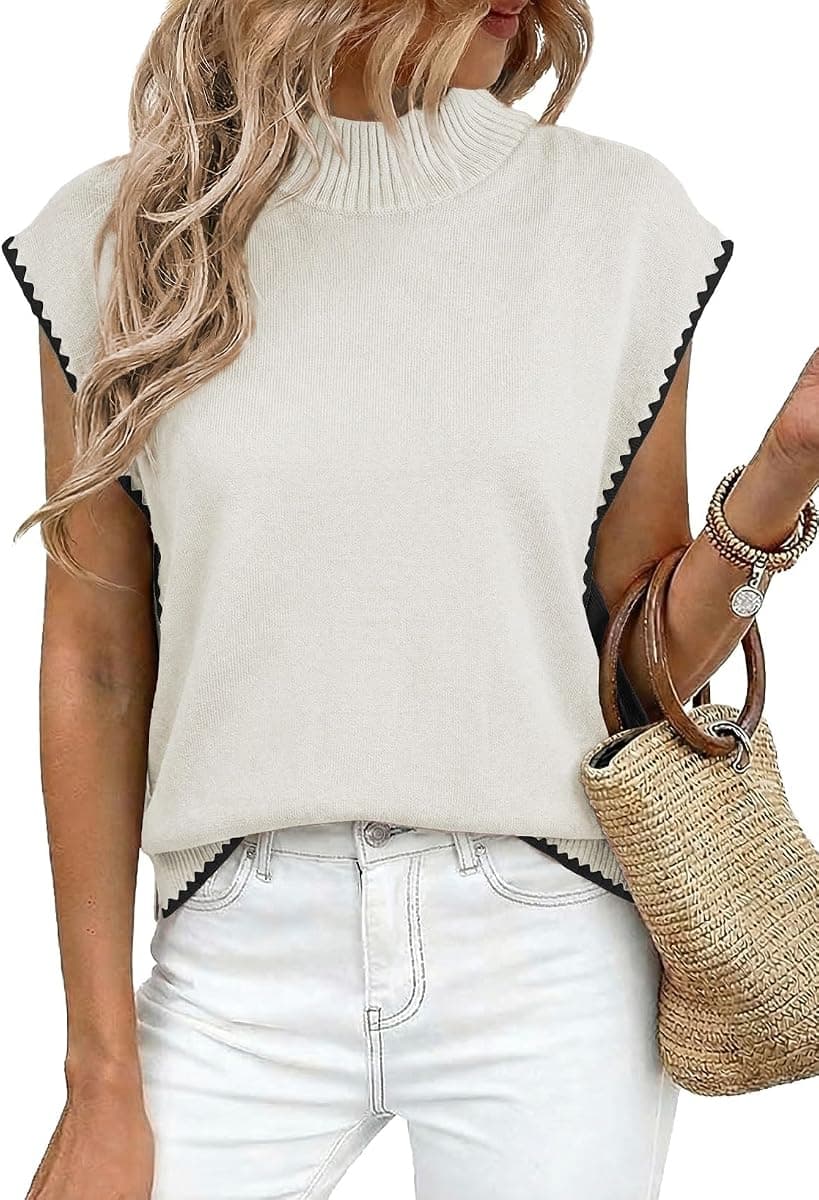 SHEWIN Womens Sleeveless Turtleneck Sweater Vest Trendy Contrast Trim Cap Sleeve Mock Neck Knit Pullover Tops Shirts