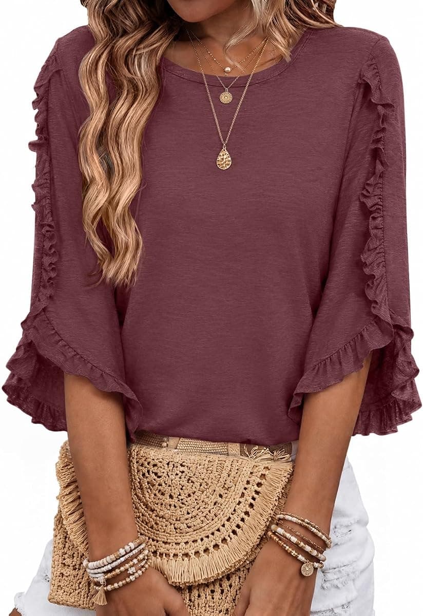 3/4 Length Sleeve Womens Tops Crewneck Ruffle Sleeve Shirts Dressy Casual Blouse Summer Fall Fashion Business Outfit