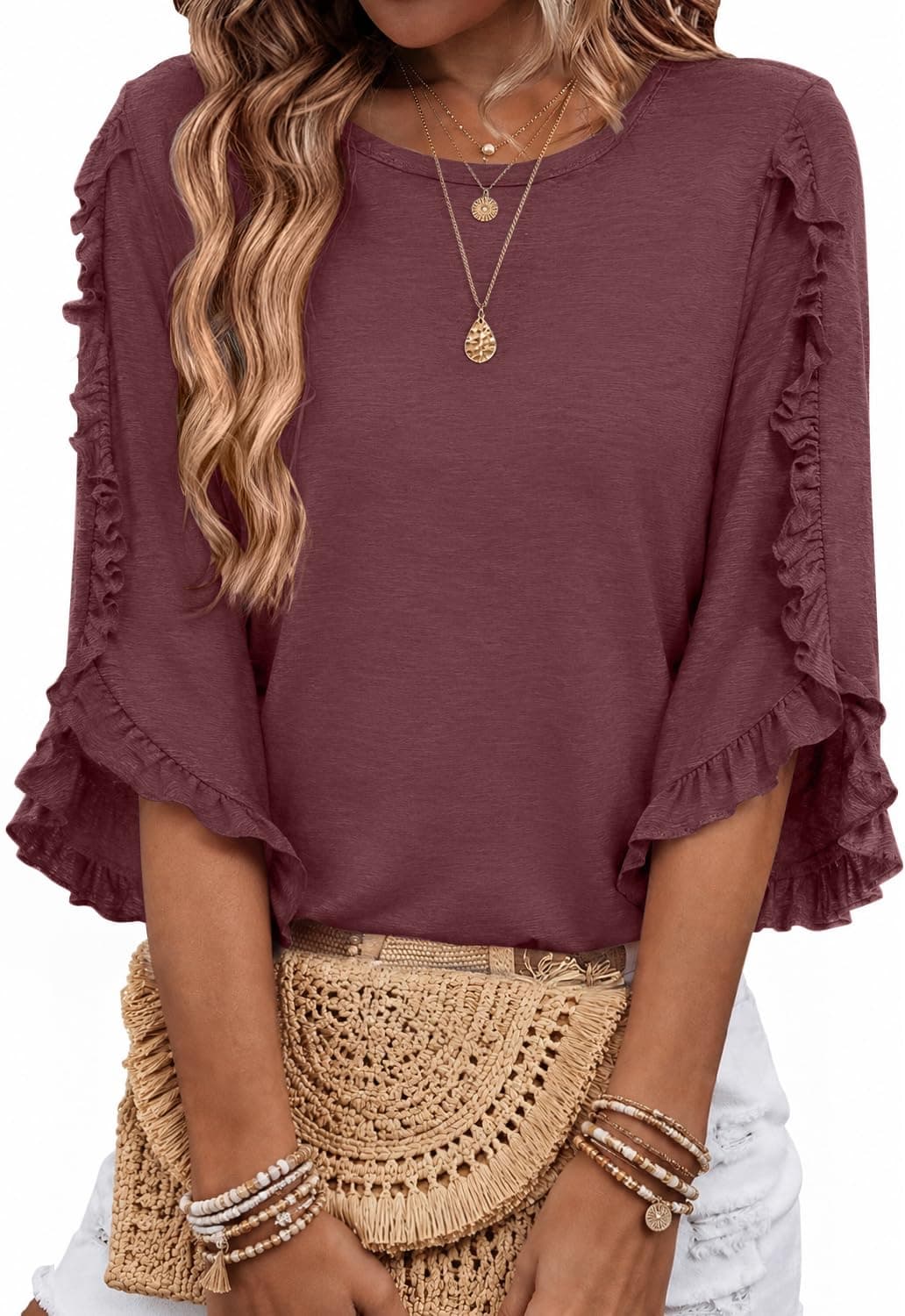 3/4 Length Sleeve Womens Tops Crewneck Ruffle Sleeve Shirts Dressy Casual Blouse Summer Fall Fashion Business Outfit