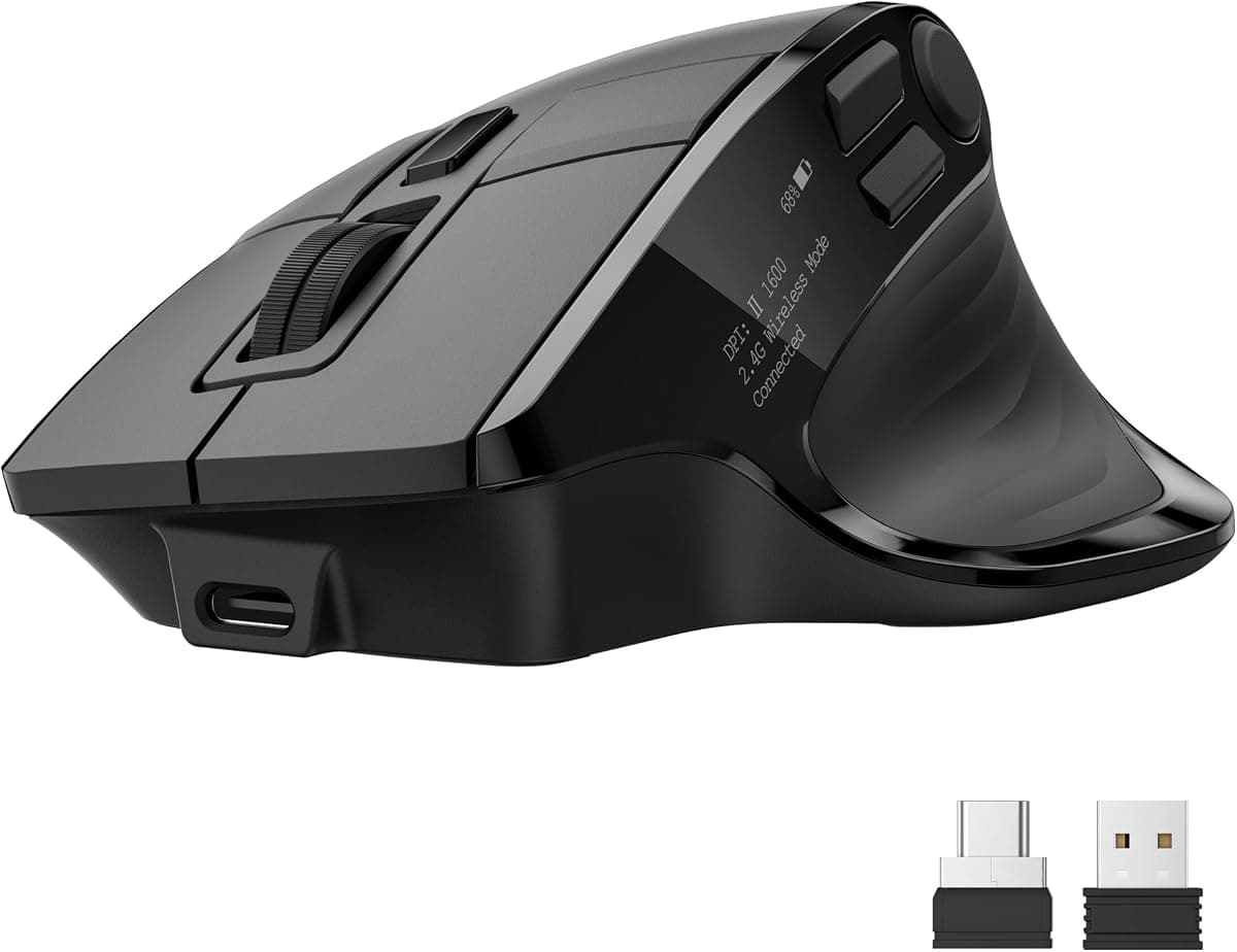 Acer Wireless Mouse for Laptop, Bluetooth Computer Mouse Ergonomic for 4 Devices(2.4Ghz+BT 5.2+Wired), OLED Screen Rechargeable Mice, 5 Programmable Buttons, 4000 DPI for MacBook PC Desktop