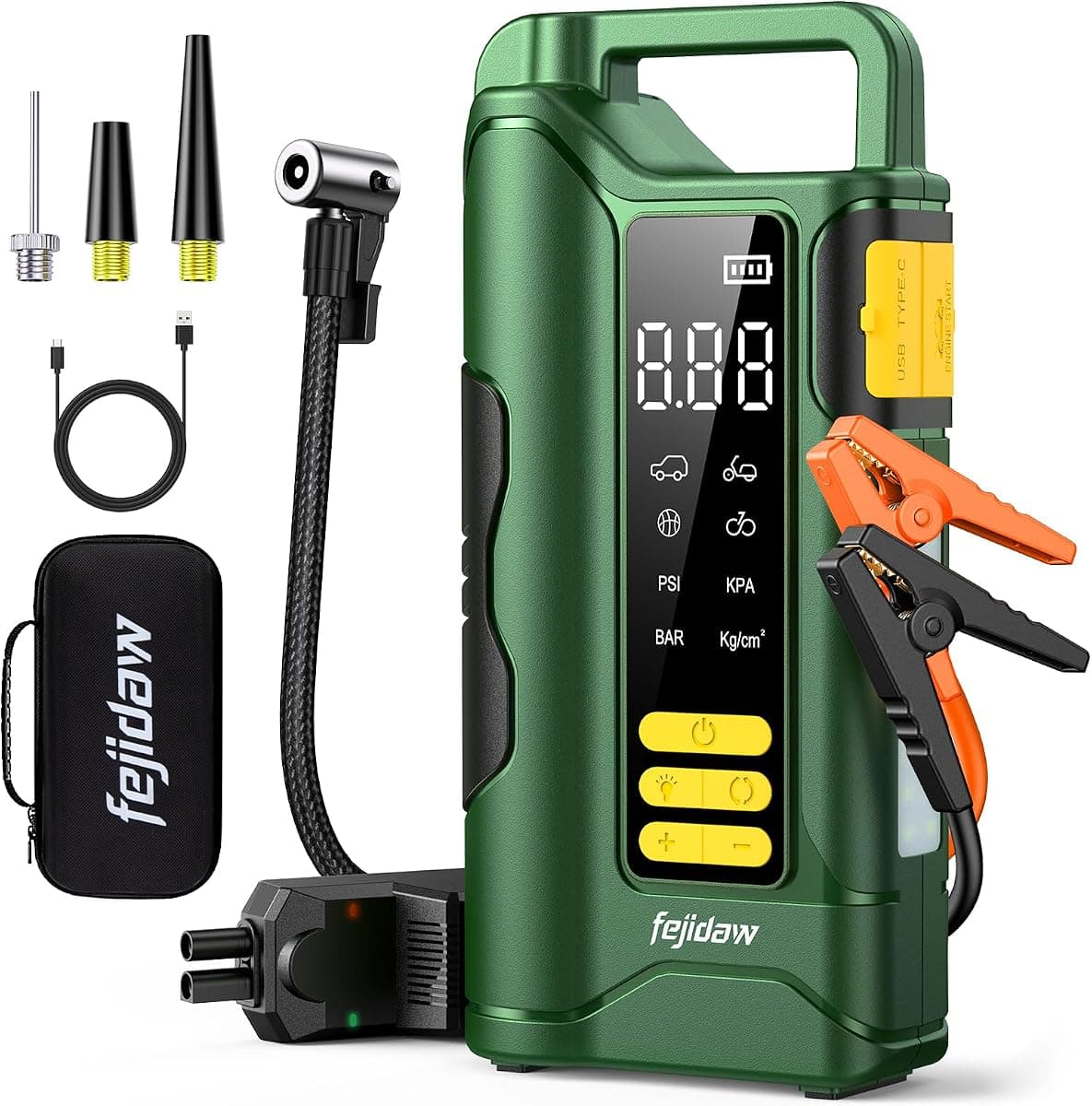 Jump Starter with Air Compressor, 5000A Car Battery Jump Starter, 16000mAh Battery Jumper Starter Portable for 10L Gas/Diesel Engine with 160PSI Booster, LED Display & Light, Jumper Cables