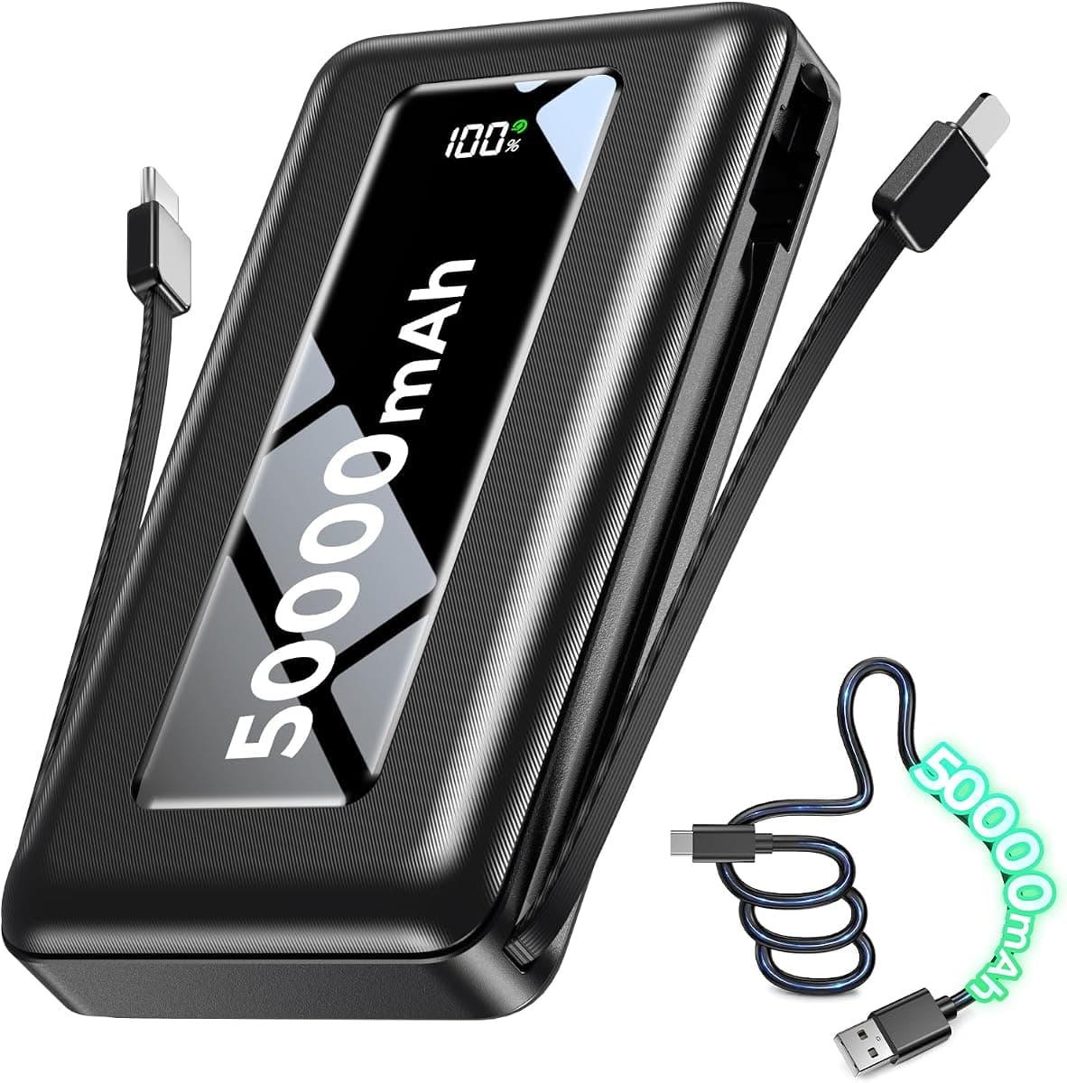 Portable Charger Power Bank 50000mAh, Massive Capacity Travel Essential, Built-in USB-C & iOS Cables, AC Wall Plug, 22.5W Fast Charging Battery Pack with LED Display for Camping, iPhone, Samsung