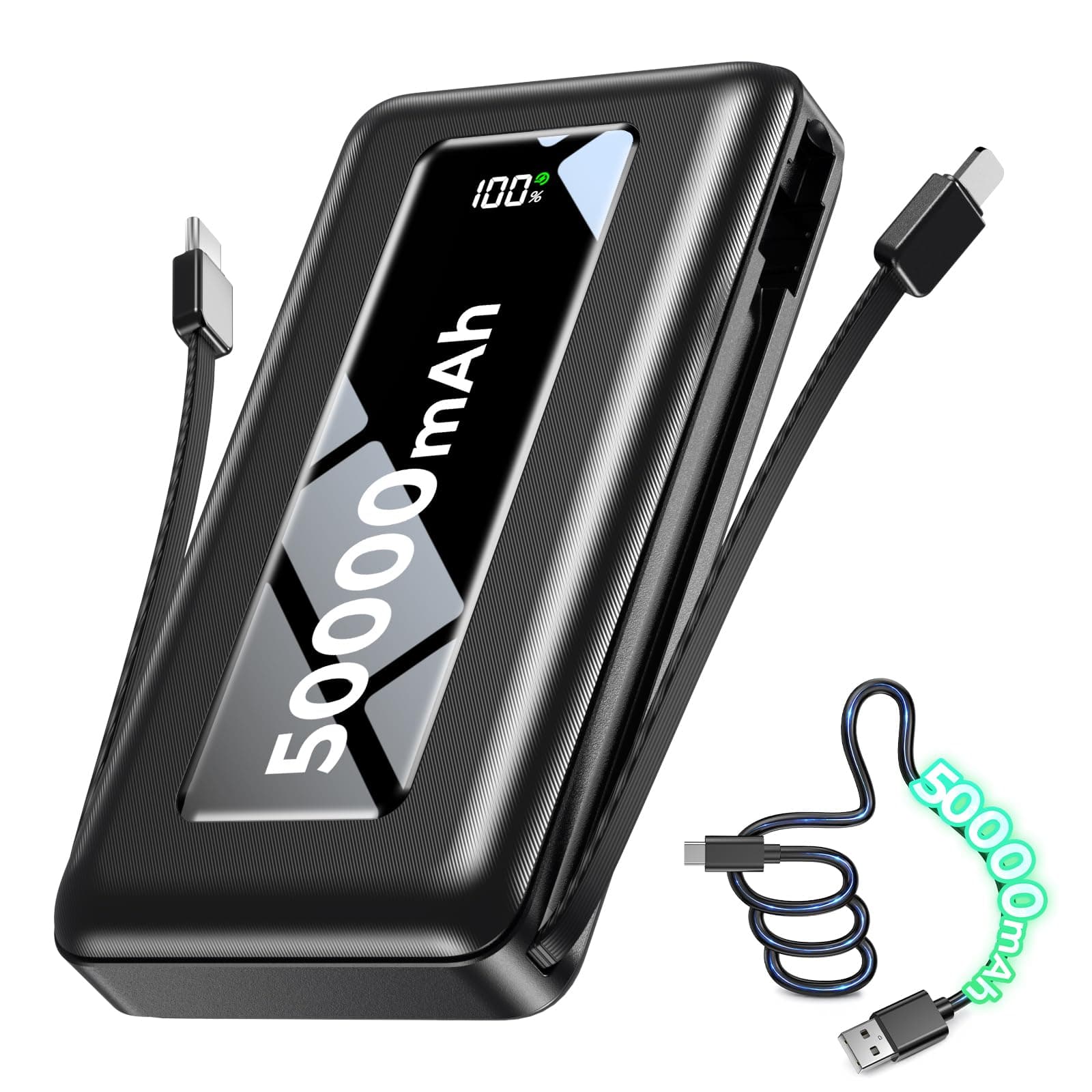 Portable Charger Power Bank 50000mAh, Massive Capacity Travel Essential, Built-in USB-C & iOS Cables, AC Wall Plug, 22.5W Fast Charging Battery Pack with LED Display for Camping, iPhone