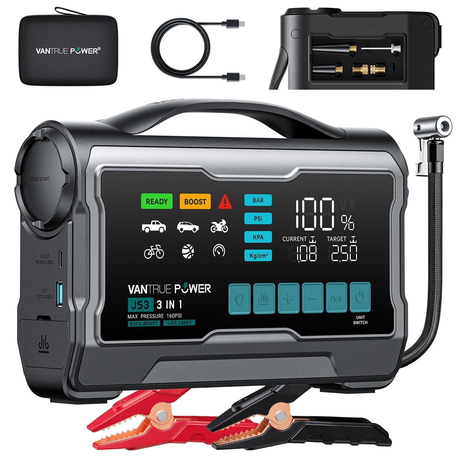 JS3 Real 3250A Jump Starter with Air Compressor 160PSI, 12V Car Battery Booster with Display, Jump Box with Light, Support 65W Fast Charging Power Bank, 10L Gas/8L Diesel Engines