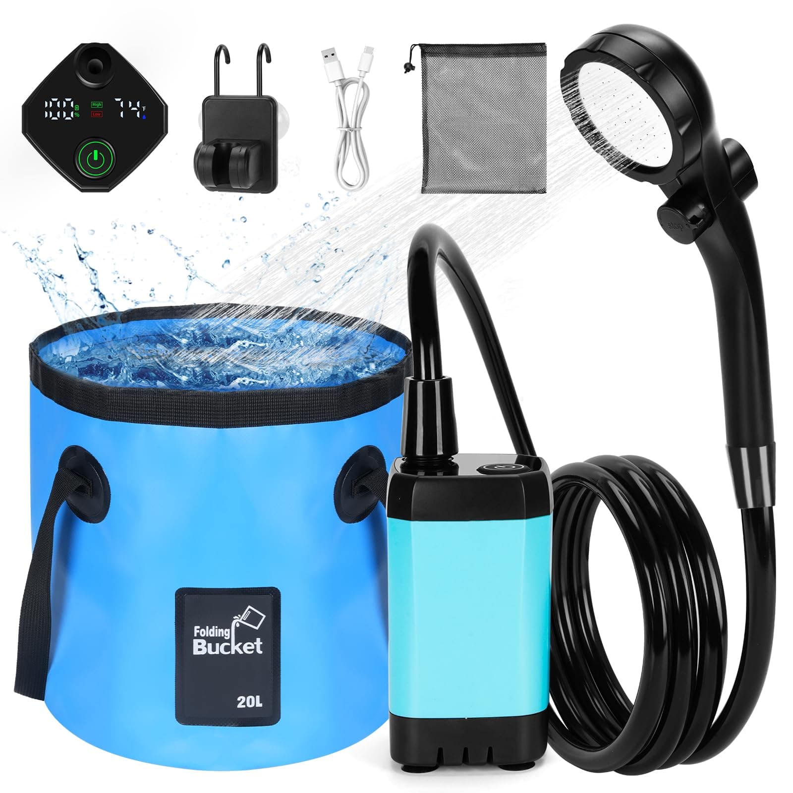 Portable Shower for Camping with 20L / 5.28 Gallons Foldable Bucket, 7800mAh Rechargeable Shower Pump, Outdoor Shower Kit with Digital Display for Hiking, Travel, Car, Pet