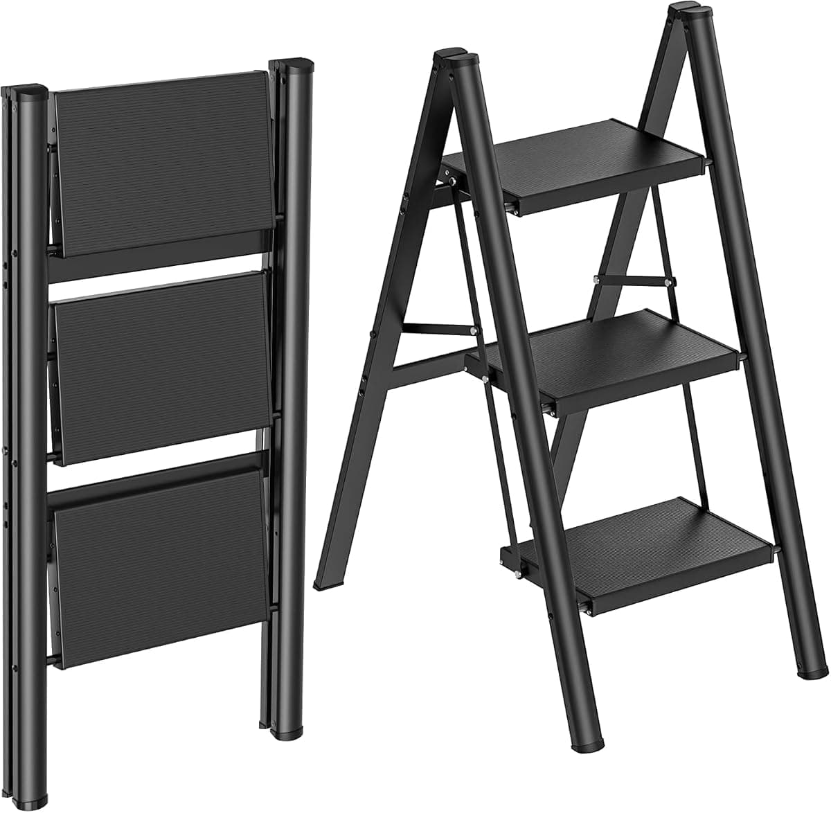 HBTower 3 Step Ladder, Lightweight Aluminum Folding Step Stool, Step Stool Foldable with Wide Anti-Slip Pedal, 330lbs Capacity for Home and Kitchen, Black