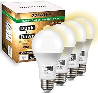 Qualilux Dusk to Dawn A19 LED Light Bulbs Outdoor, Automatic On/Off, 60W Equivalent, Warm White 3000K, Energy Efficient 9.5W, 850 Lumen, E26 Base, 4-Pack, HQ-H009