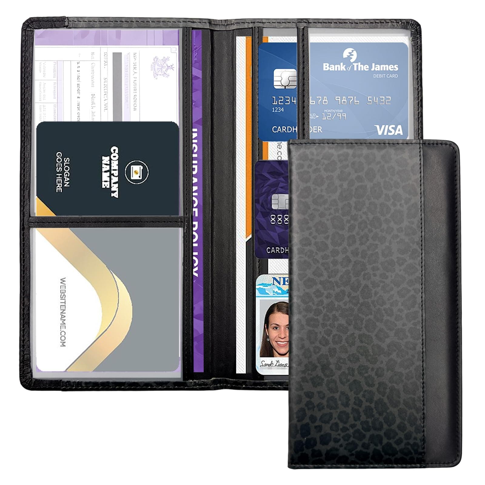Car Registration and Insurance Holder with Magnetic Closure, Universal Document Organizer for License, Insurance Cards & Glove Box Storage (Leopard-Black)