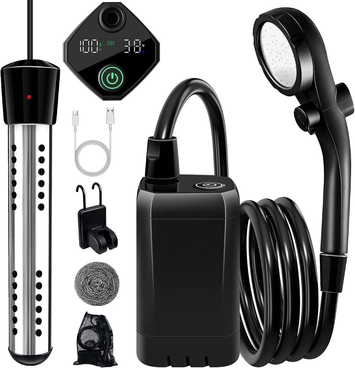 Portable Shower with Heater,6000Mah Battery Powered Portable Shower for Camping with 2000W Auto-Off Heater,Portable Heated Shower for Camping,Digital Power&Temperature Display for Hiking
