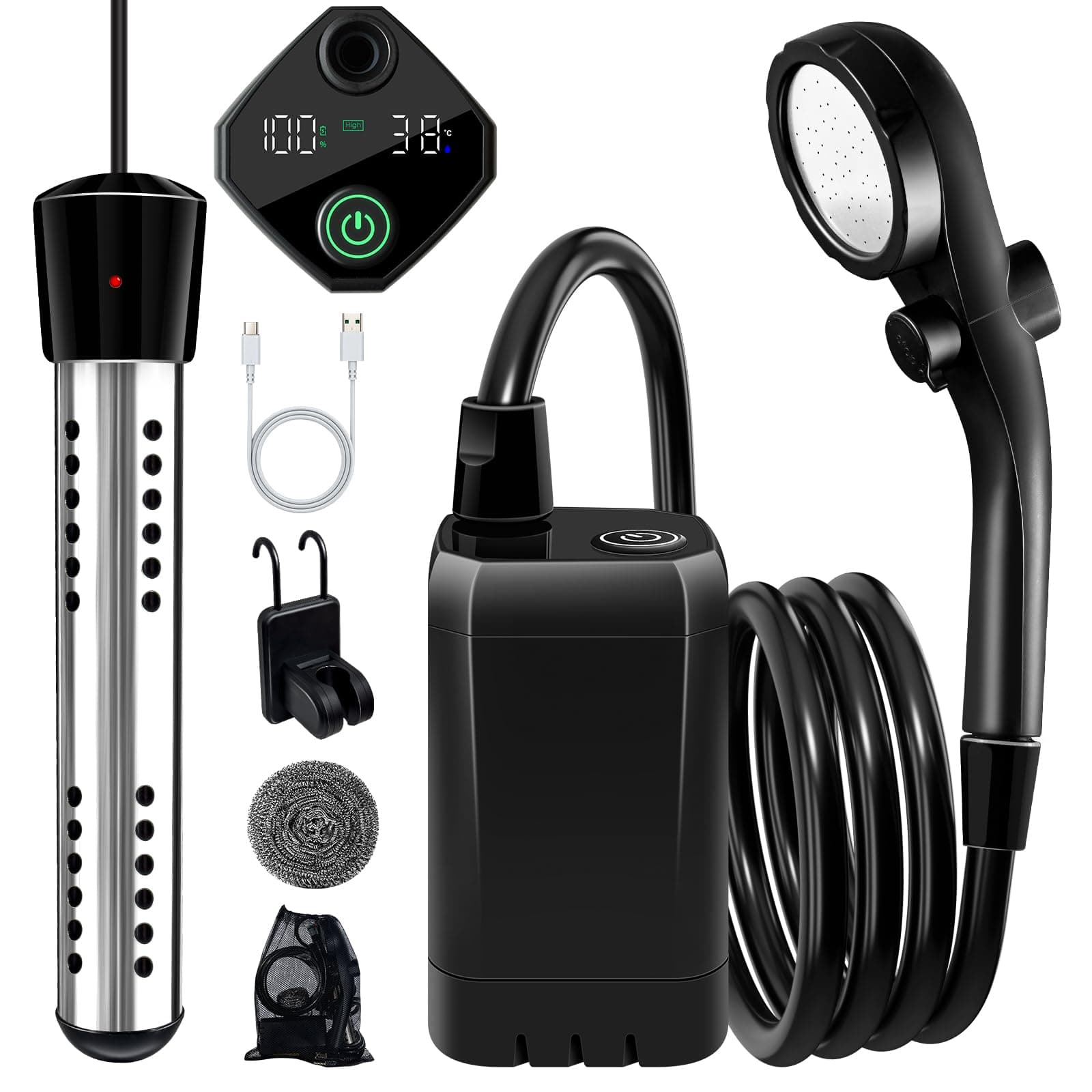 Portable Shower with Heater,6000Mah Battery Powered Portable Shower for Camping with 2000W Auto-Off Heater,Portable Heated Shower for Camping,Digital Power&Temperature Display for Hiking