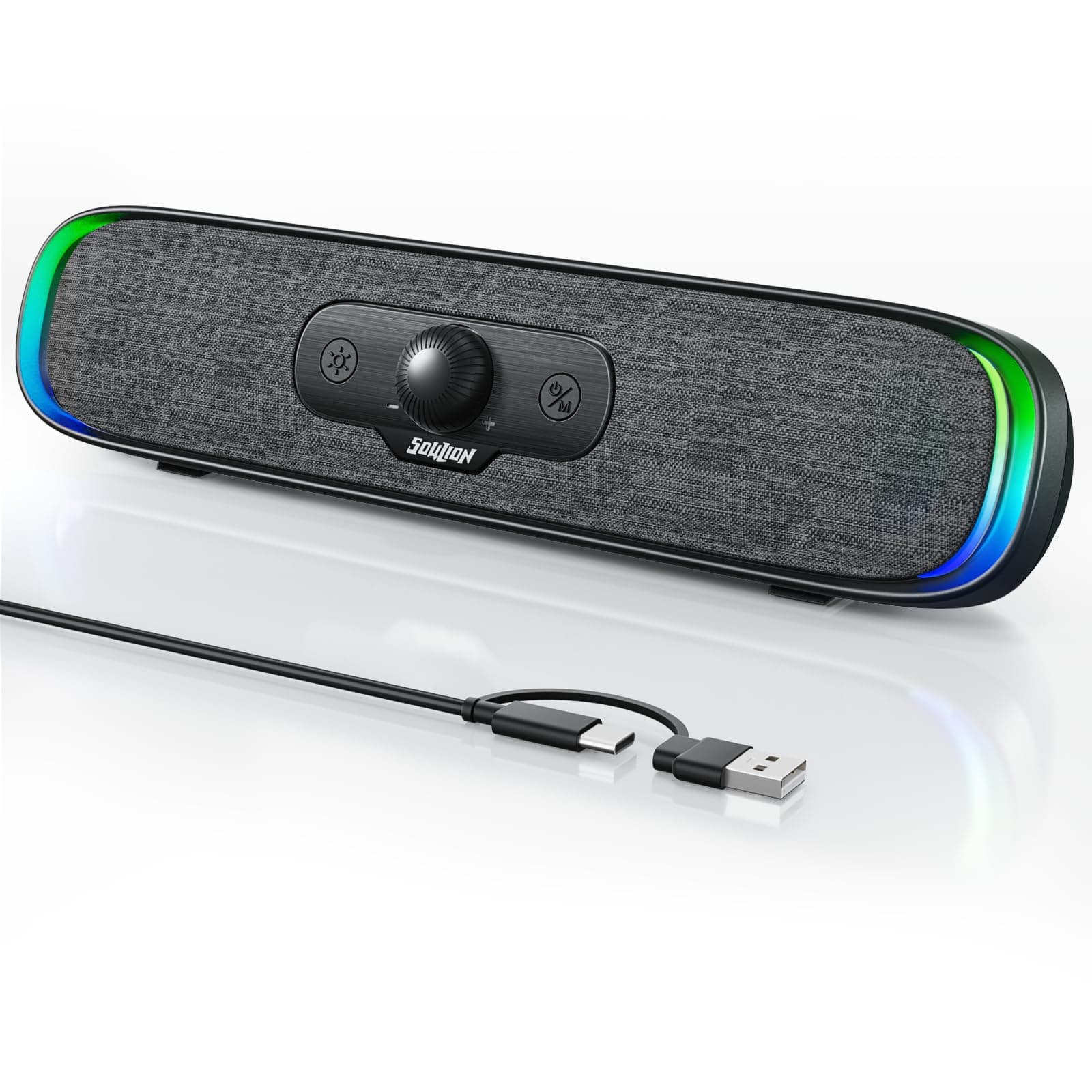SOULION Computer Speakers, USB C/USB Powered PC Speaker with Colorful LED Lights, Plug-N-Play Wired Bluetooth Sound bar with Rotary Control for Desktop Laptop Monitor Office Work Music Black