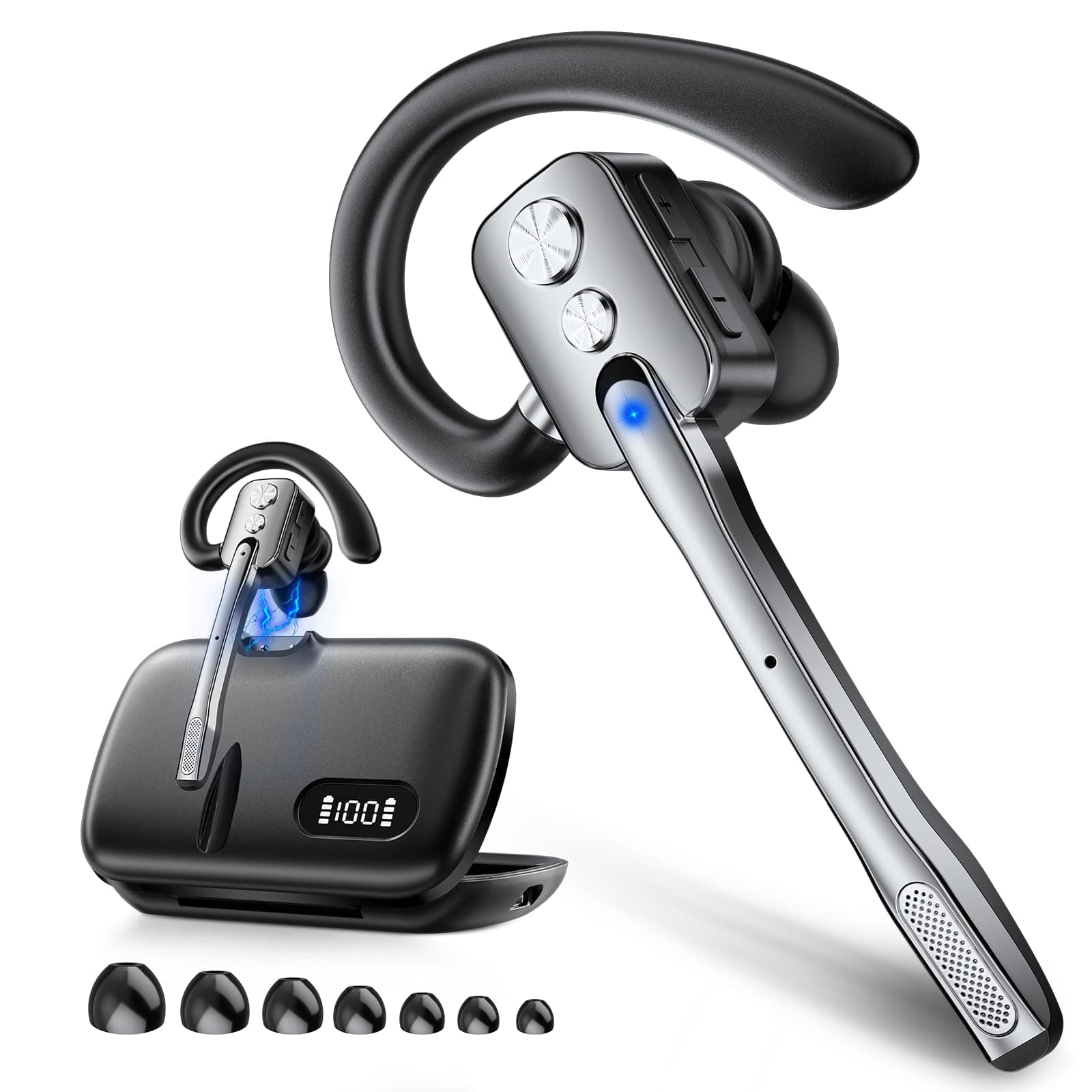 Bluetooth Headset, Wireless Headset with Dual-Mics & Noise Cancelling, Bluetooth Earpiece with Mute for Office Business Work Trucker, V5.3 Hands-Free Headset with QCC Chip for Phone PC iOS Android