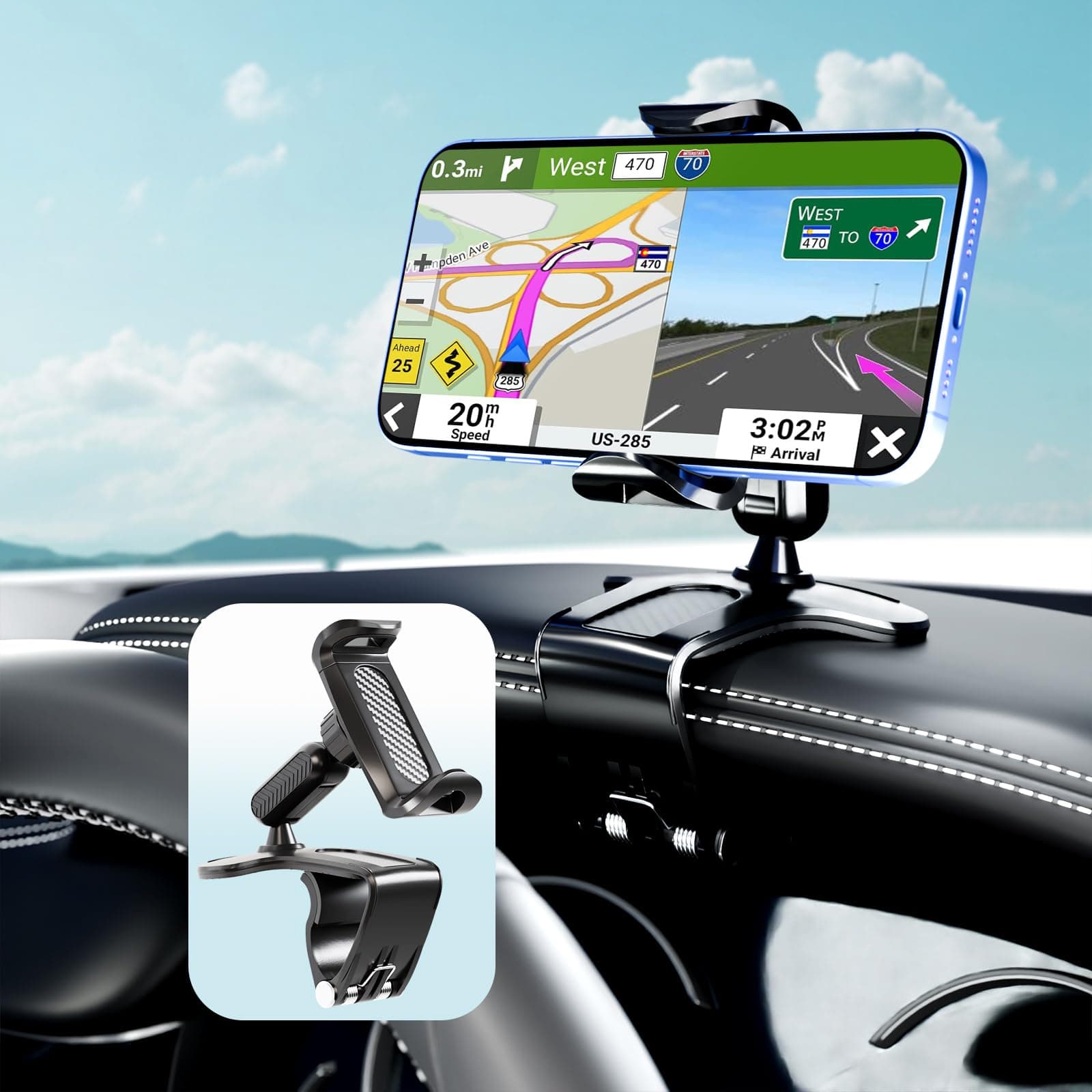 Phone Mount for Car Dashboard, 360 Degree Rotation Universal Cell Phone Holder for Car Clip Mount Stand Suitable for 4 to 7" Smartphones (Standard Black)