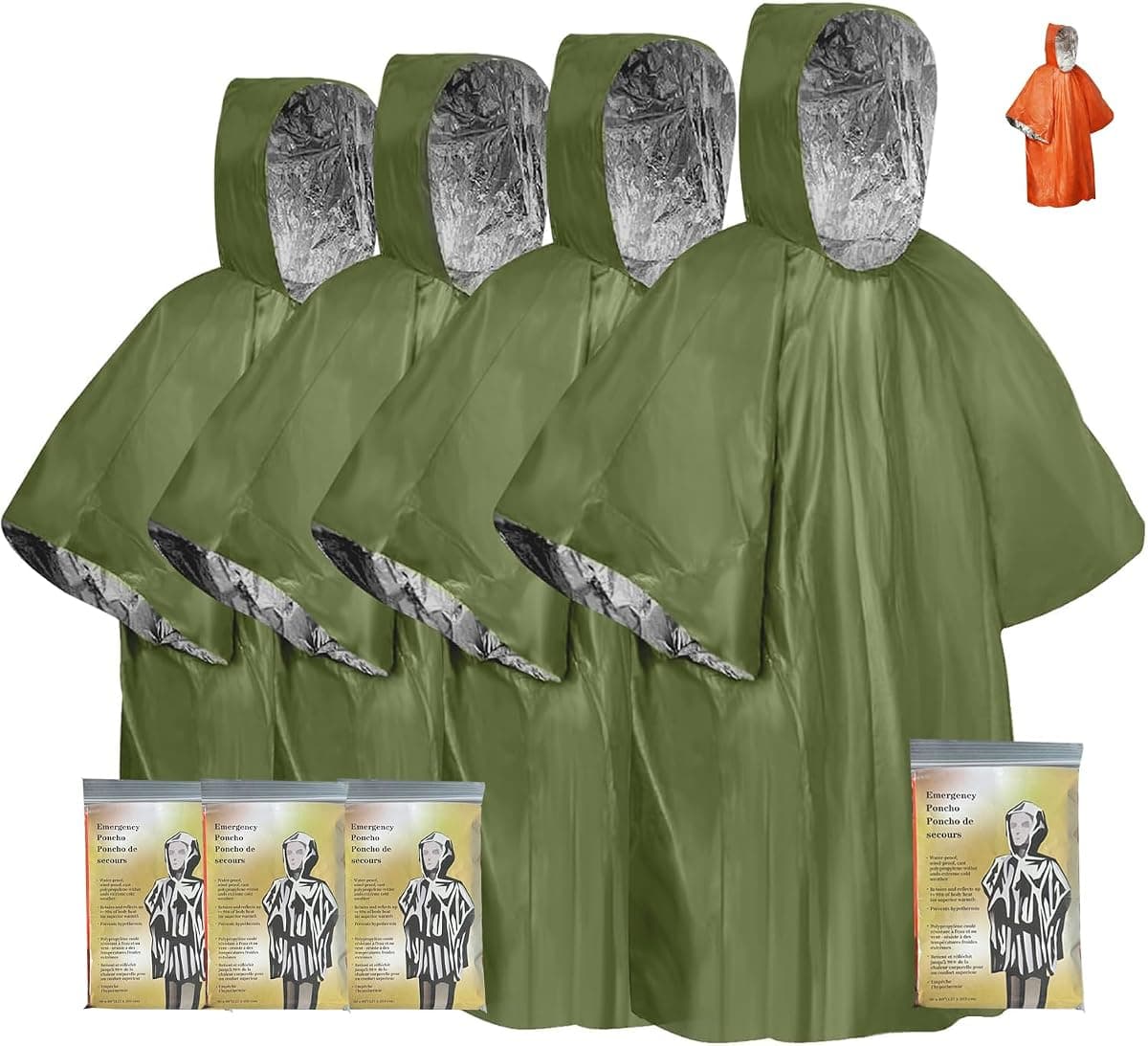 Emergency Survival Poncho (4pc) Thermal Mylar Foil Coating Blanket for Heat Retention and Rain | Reversible with Hood | Waterproof, Windproof, Portable | Green | 100x130cm