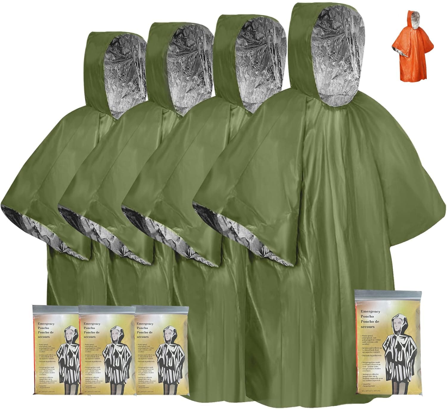 Emergency Survival Poncho (4pc) Thermal Mylar Foil Coating Blanket for Heat Retention and Rain | Reversible with Hood | Waterproof, Windproof, Portable | Green | 100x130cm