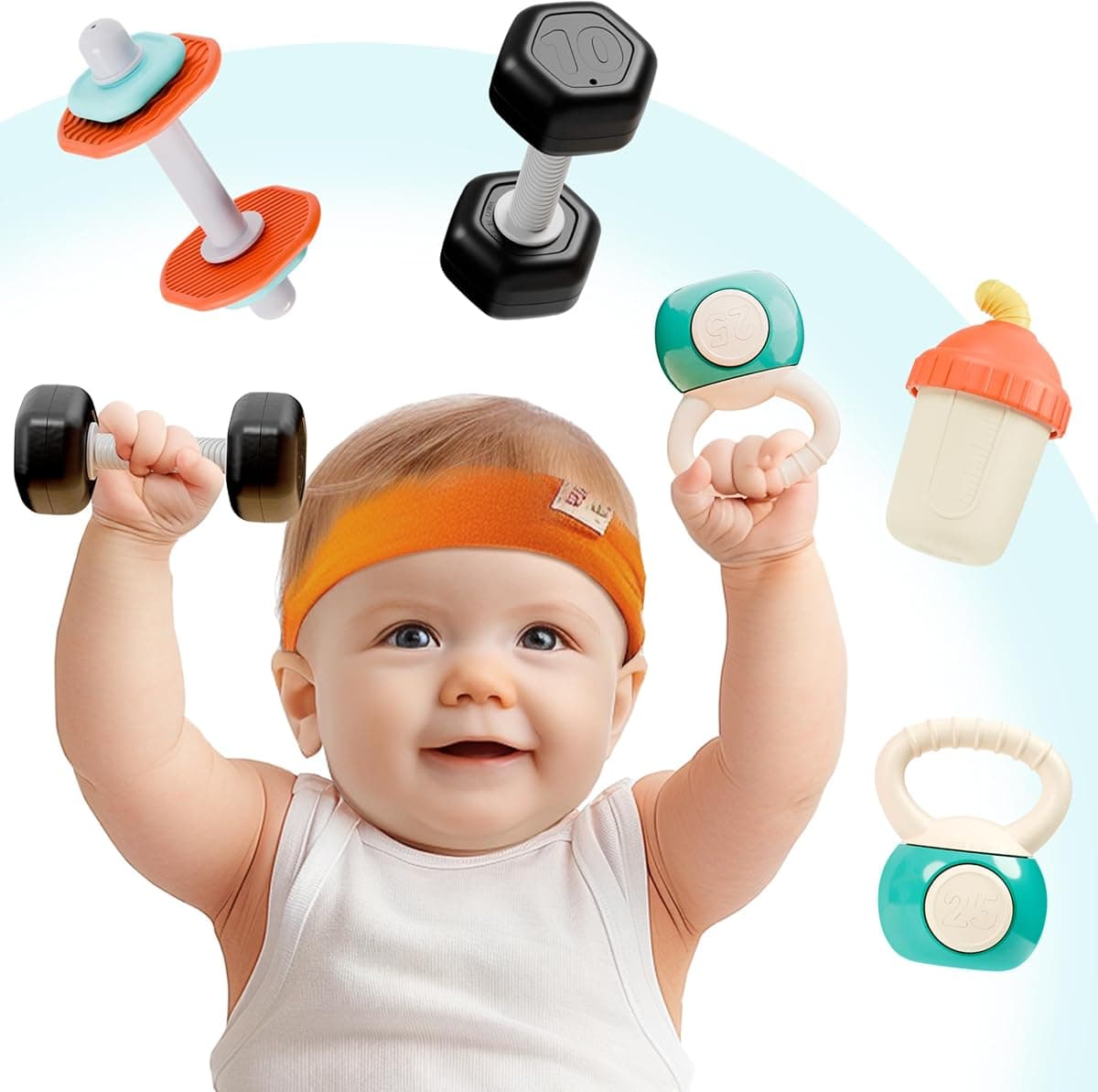 iPlay, iLearn Baby First Gym Rattle Set, Infant Dumbbell Weights Teething Rattles 3-6-12 Month, Newborn Workout Sensory Stroller Toy, Babies Birthday Shower Gift 5 7 8 9 10 Month Toddler Boy Girl-4PCS