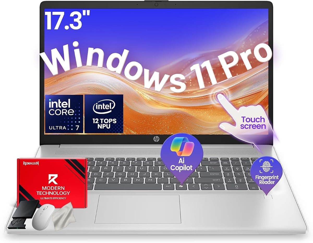 HP 17-inch Touchscreen AI Laptop – Intel 12-Core Ultra 7 255U (UP to 5.2GHz) with 12 Tops NPU, 32GB DDR5, 1TB SSD, 17.3" HD+ Touch Display, Fingerprint Reader, Backlit KB, Win 11 Pro/Accessories