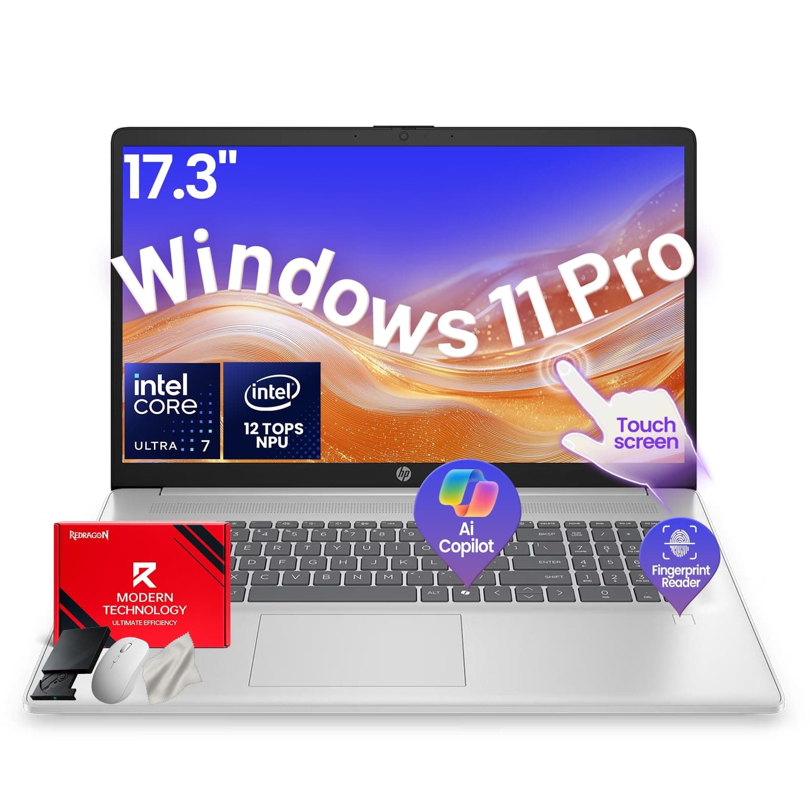 HP 17-inch Touchscreen AI Laptop – Intel 12-Core Ultra 7 255U (UP to 5.2GHz) with 12 Tops NPU, 32GB DDR5, 1TB SSD, 17.3" HD+ Touch Display, Fingerprint Reader, Backlit KB, Win 11 Pro/Accessories