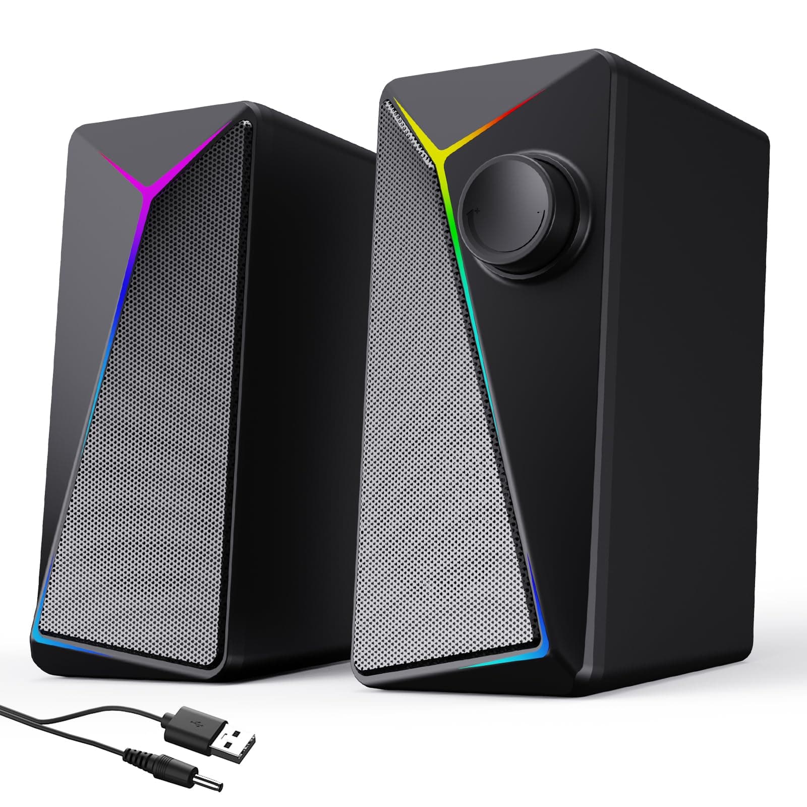 Computer Speakers for Desktop PC, USB AUX Stereo Speaker with RGB Lights, Plug and Play Monitor Speakers for Laptop Gaming Office,Extended Cable 3.44ft,Crisp Stereo Sound