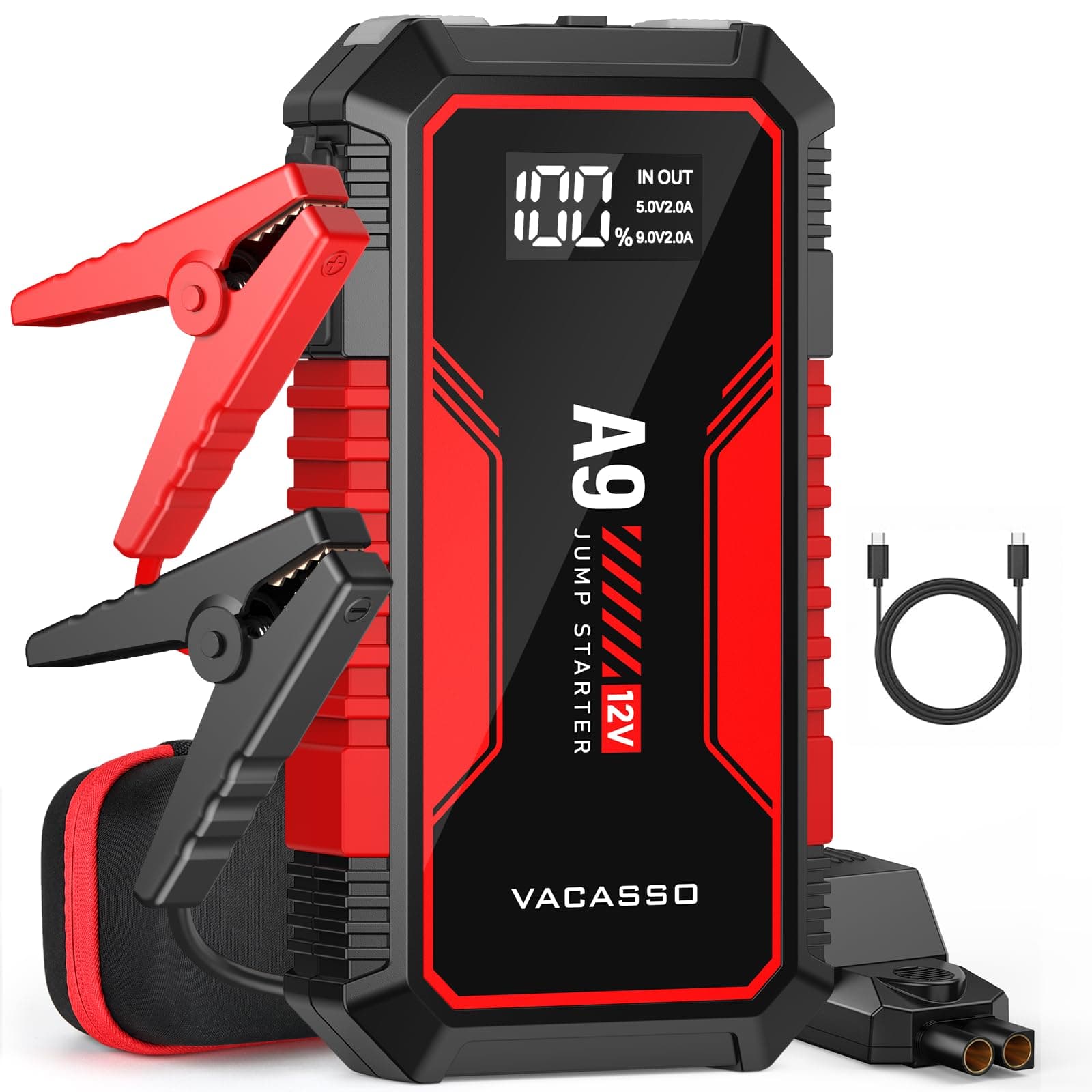 Jump Starter 4000A, VACASSO A9 Battery Jumper Starter Portable (7L Gas/4L Diesel), 12V Car Battery Booster Jump Starters Pack, Jumpstart with USB Ports, Jumper Cables, LED Light, Storage Case