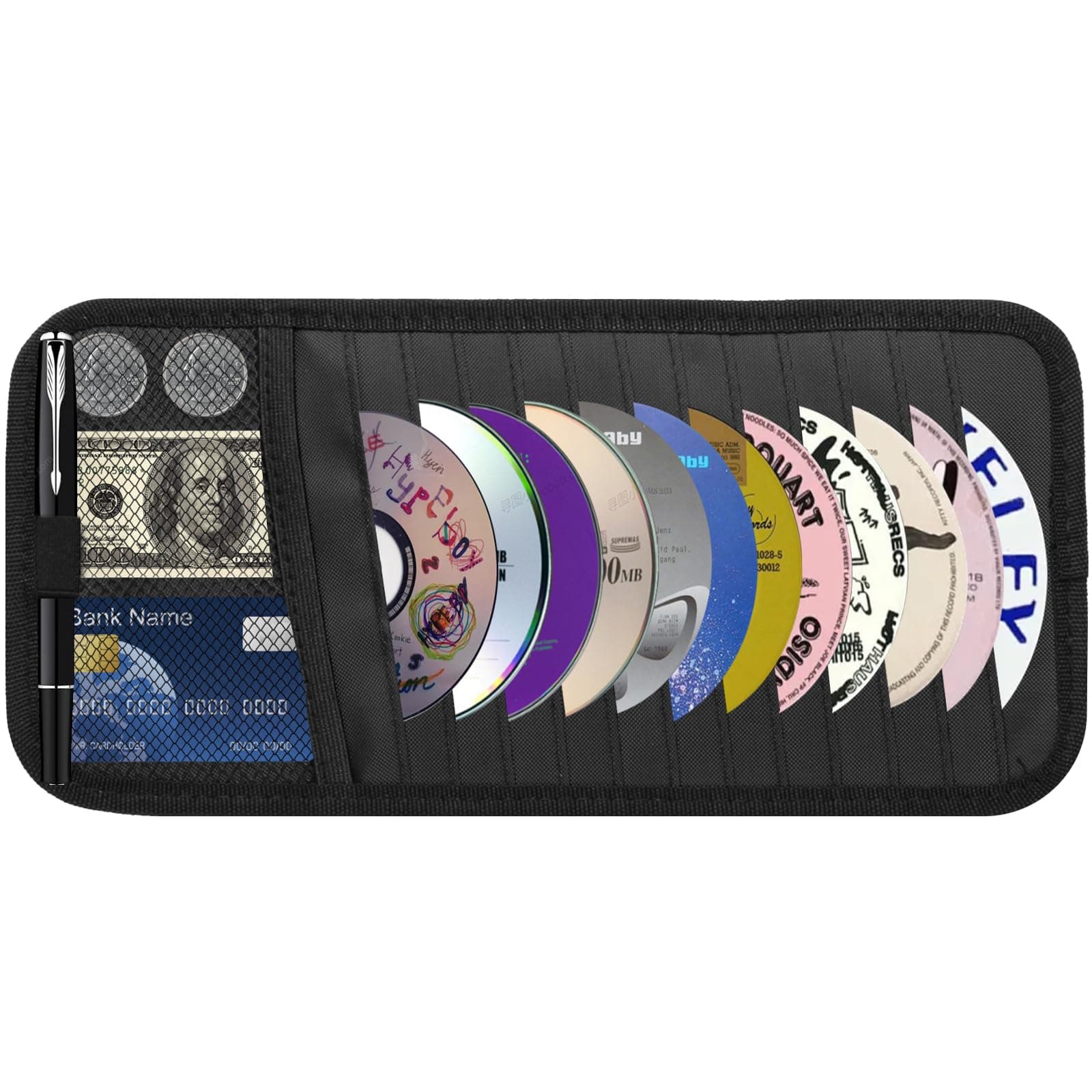 CD Visor Holder for Car, Large Capacity CD & DVD Visor Case, Vehicle Visor Storage Organizer with 12 Disc Sleeves, 1 Mesh Pocket 1 Pen Holder and & Elastic Band (Black)