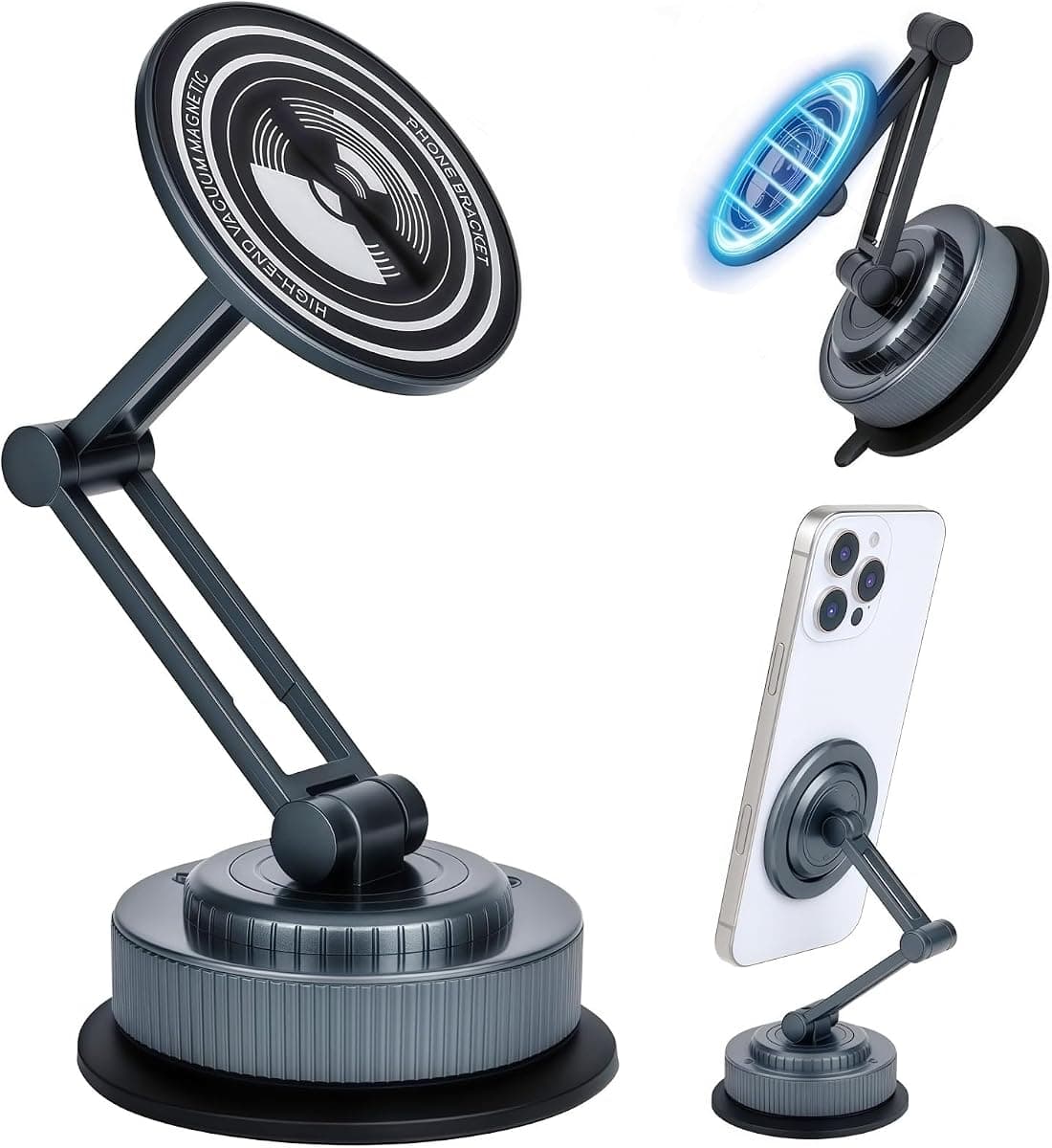 PIEPIE Magnetic Car Phone Holder Mount Heavy Duty Metal Dash/Windshield Large Suction Cup for Non-Smooth Leather/Plastic Surfaces, 360° Adjustable Phone Stand for iPhone Android Truck Car Accessories