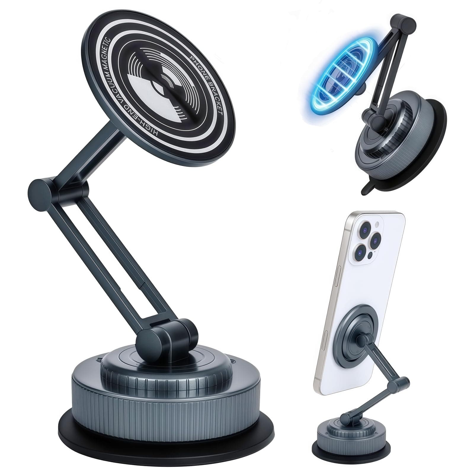 PIEPIE Magnetic Car Phone Holder Mount Heavy Duty Metal Dash/Windshield Large Suction Cup for Non-Smooth Leather/Plastic Surfaces, 360° Adjustable Phone Stand for iPhone Android Truck Car Accessories