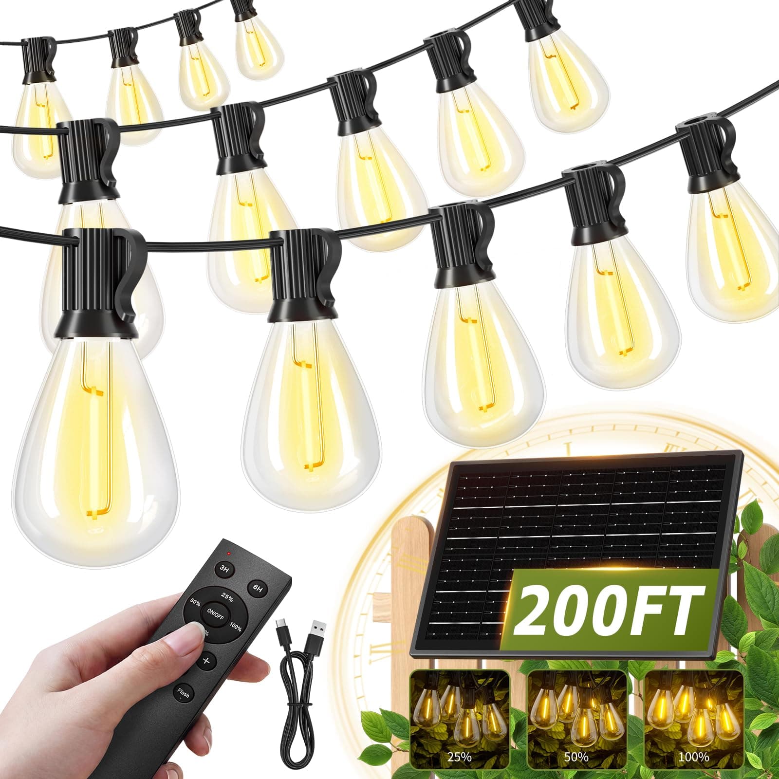 200FT Solar String Lights Outdoor Waterproof 72+2 LED Bulbs, Solar Powered with Remote & USB Port, 3 Light Modes Dimmable Patio Lights for Large Backyard, Garden, Party