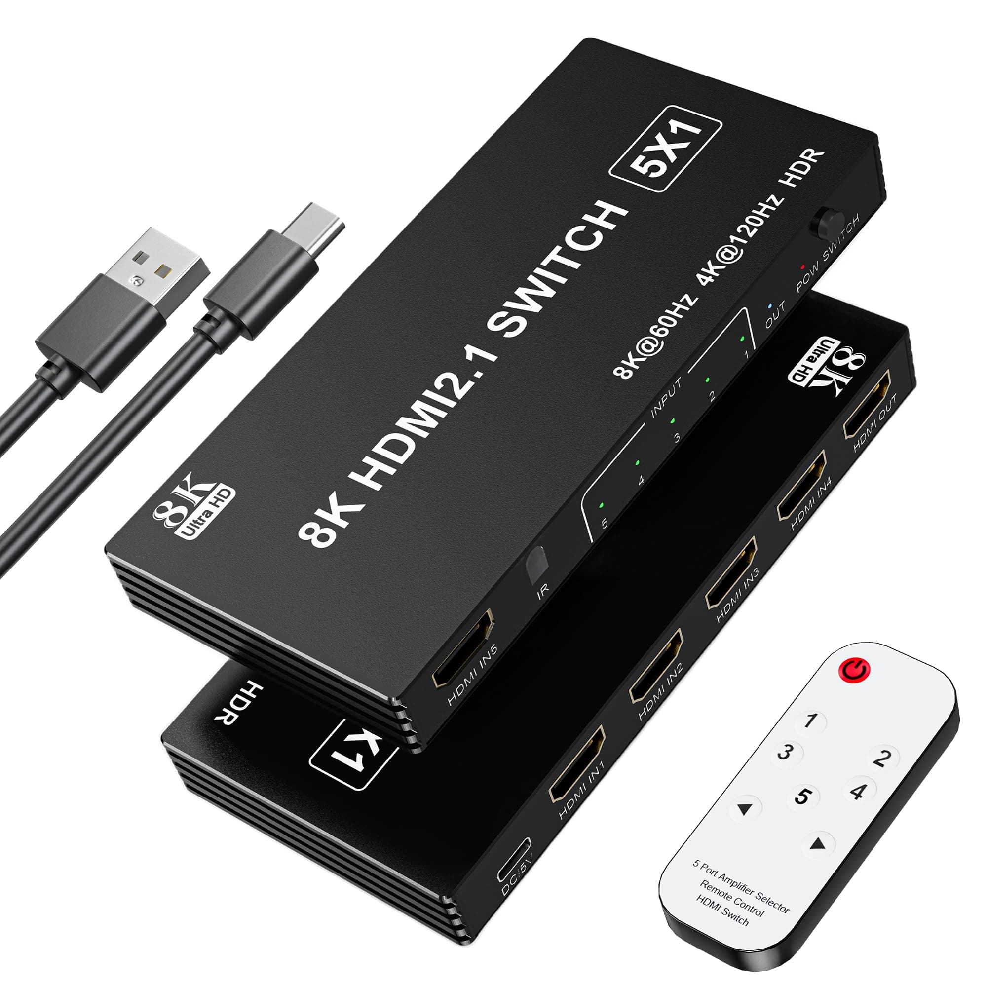 8K@60Hz HDMI 2.1 Switch 5 in 1, 4K@120Hz HDMI Switcher Selector with Remote, HDMI Splitter Support 48Gbps HDR 10+ Dolby Vision/Atmos HDCP 2.3 CEC for PS5 4 Xbox TV Game PC Roku