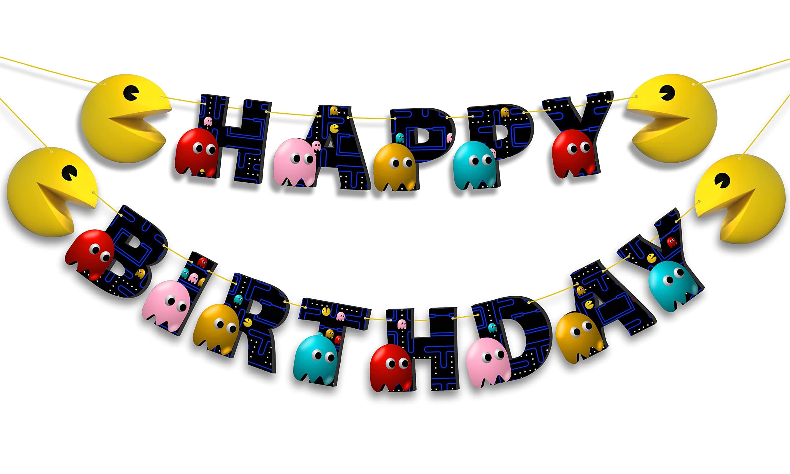 Pacmn Happy Birthday Banner - Retro Gaming Party Decor | Classic Arcade Theme Celebration Banner | Fun & Vibrant Wall Decoration for Event