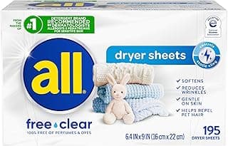 all free clear Fabric Softener Dryer Sheets for Sensitive Skin, 195 Count, Hypoallergenic, Unscented, Dye Free, Controls Static Cling, Reduces Wrinkles, Dermatologist Tested, HE Safe