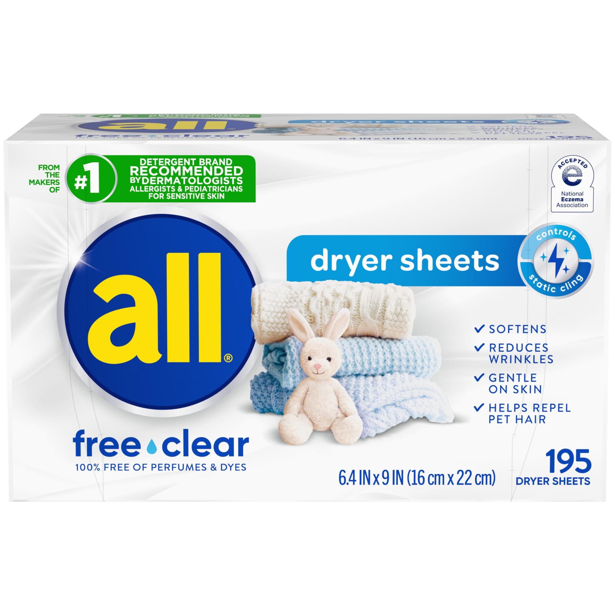 all free clear Fabric Softener Dryer Sheets for Sensitive Skin, 195 Count, Hypoallergenic, Unscented, Dye Free, Controls Static Cling, Reduces Wrinkles, Dermatologist Tested, HE Safe